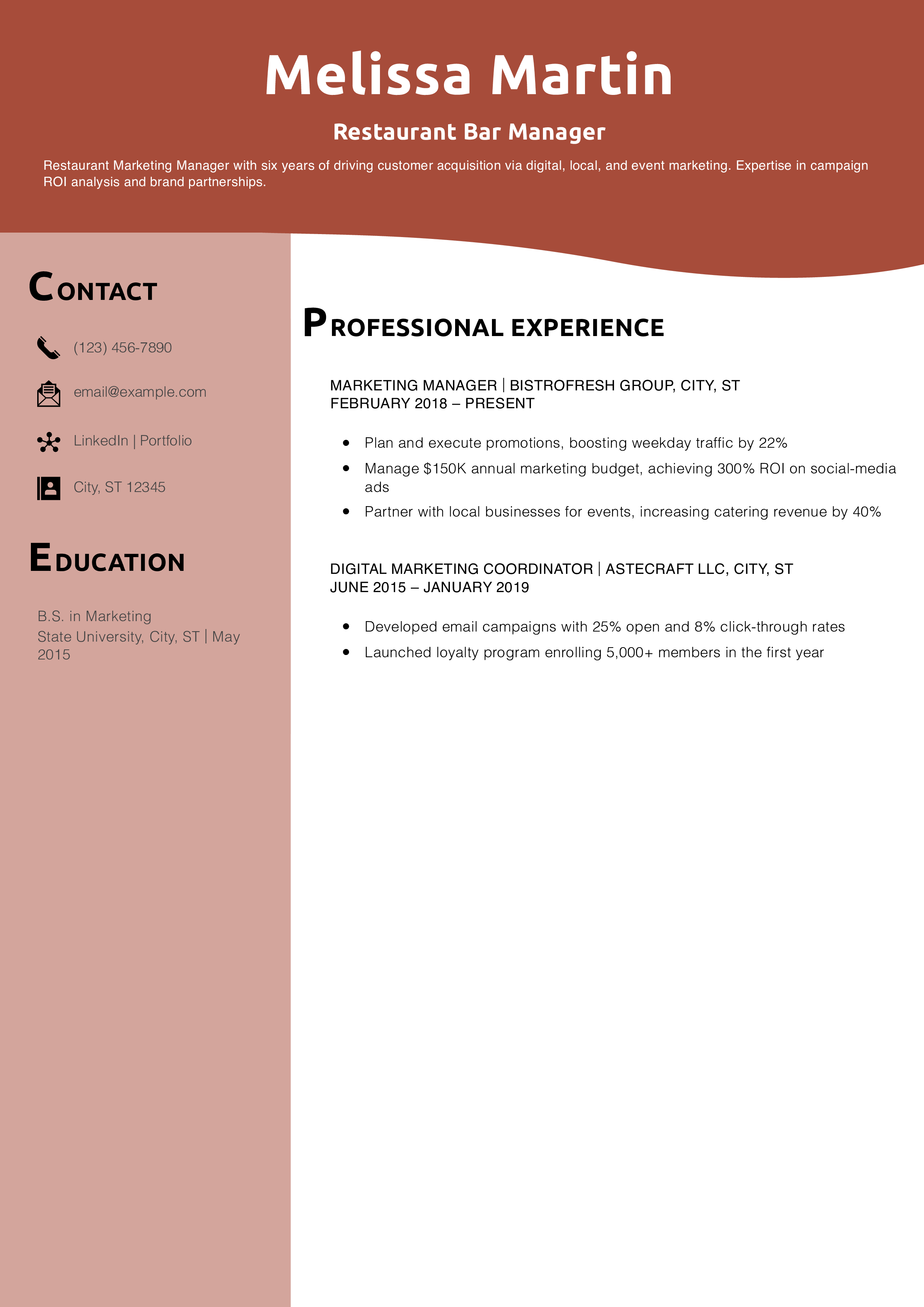 Restaurant Marketing Manager Resume Example