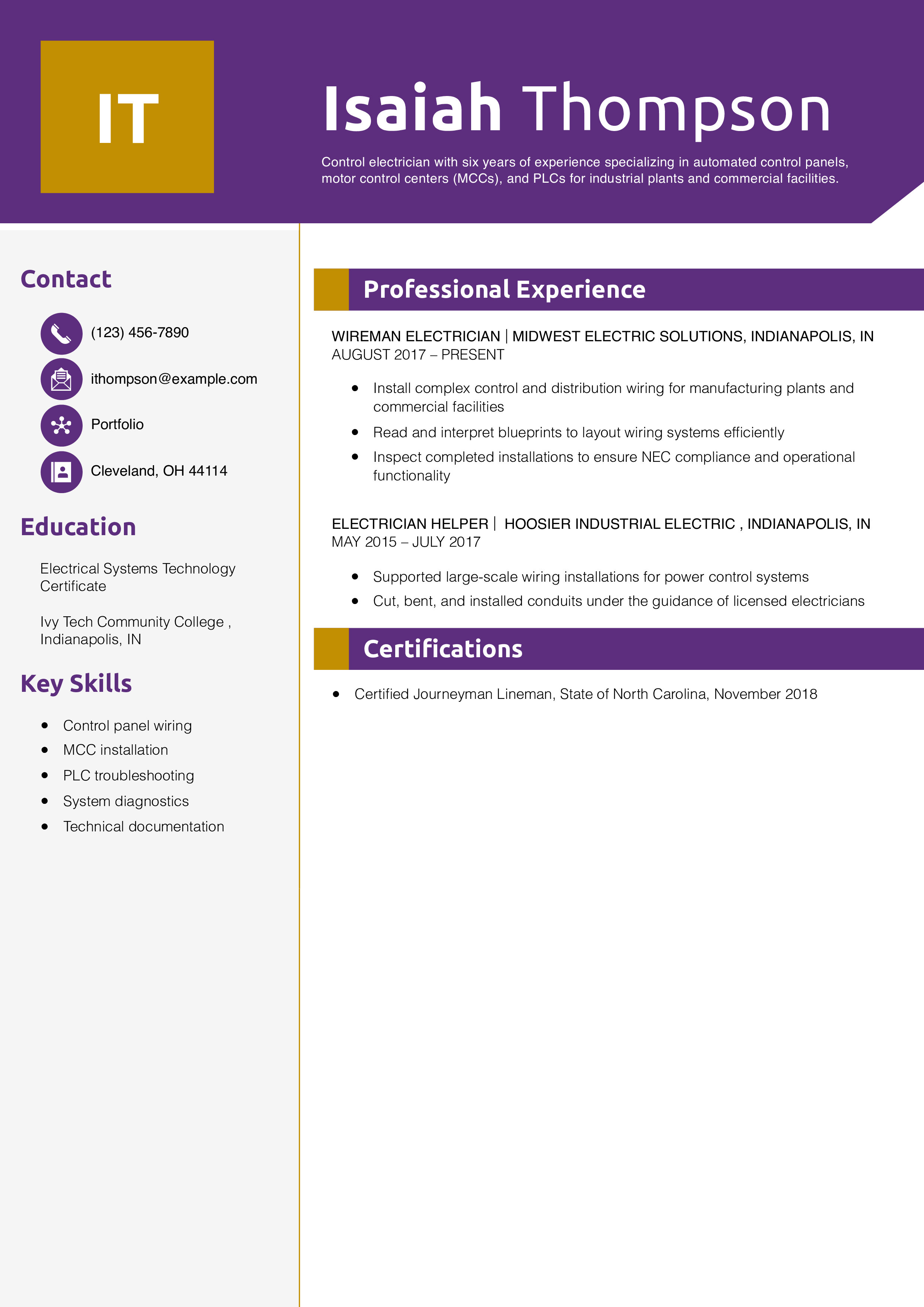 Control Electrician Resume Example