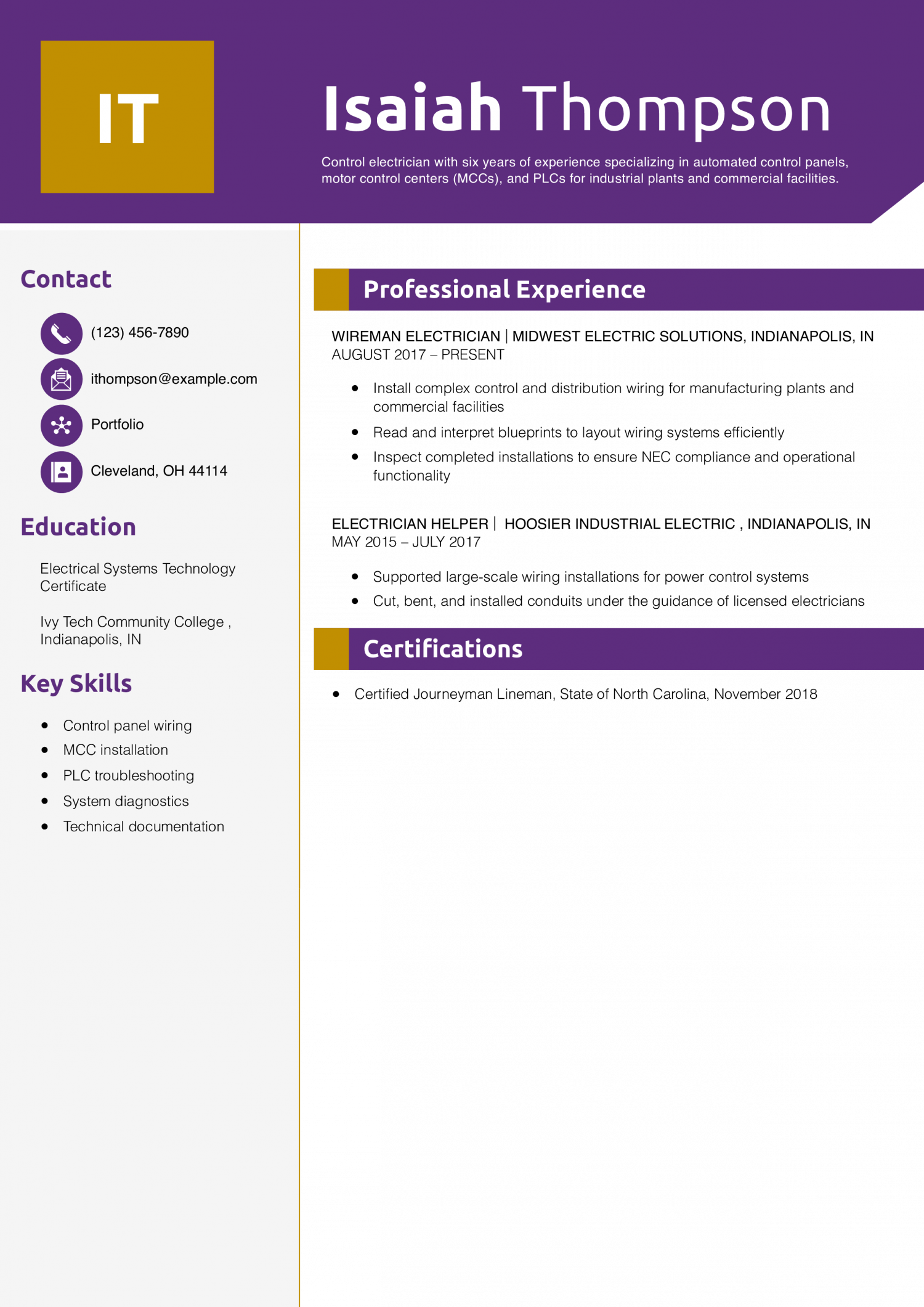 Control Electrician Resume Example