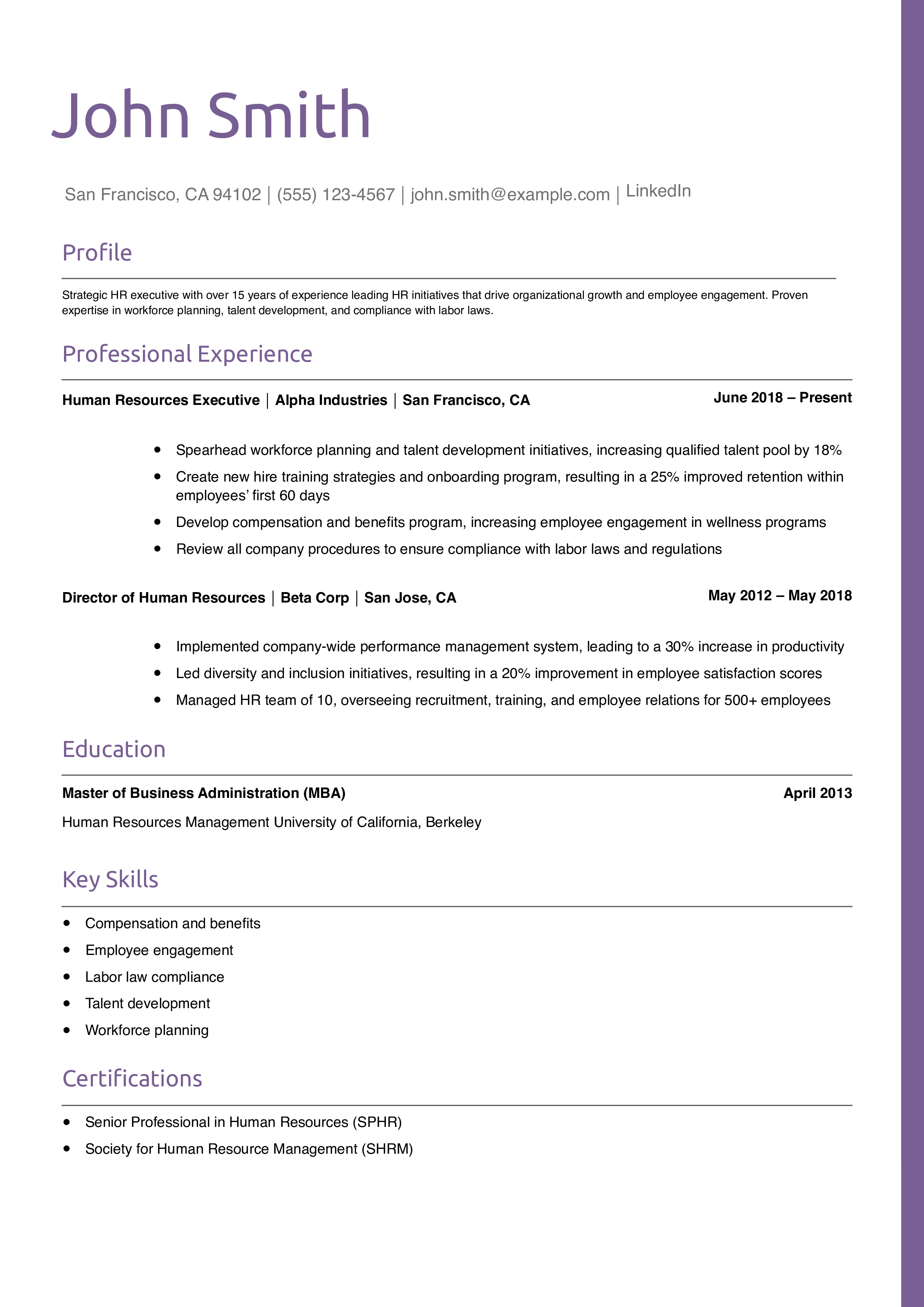 Human Resources Executive Resume