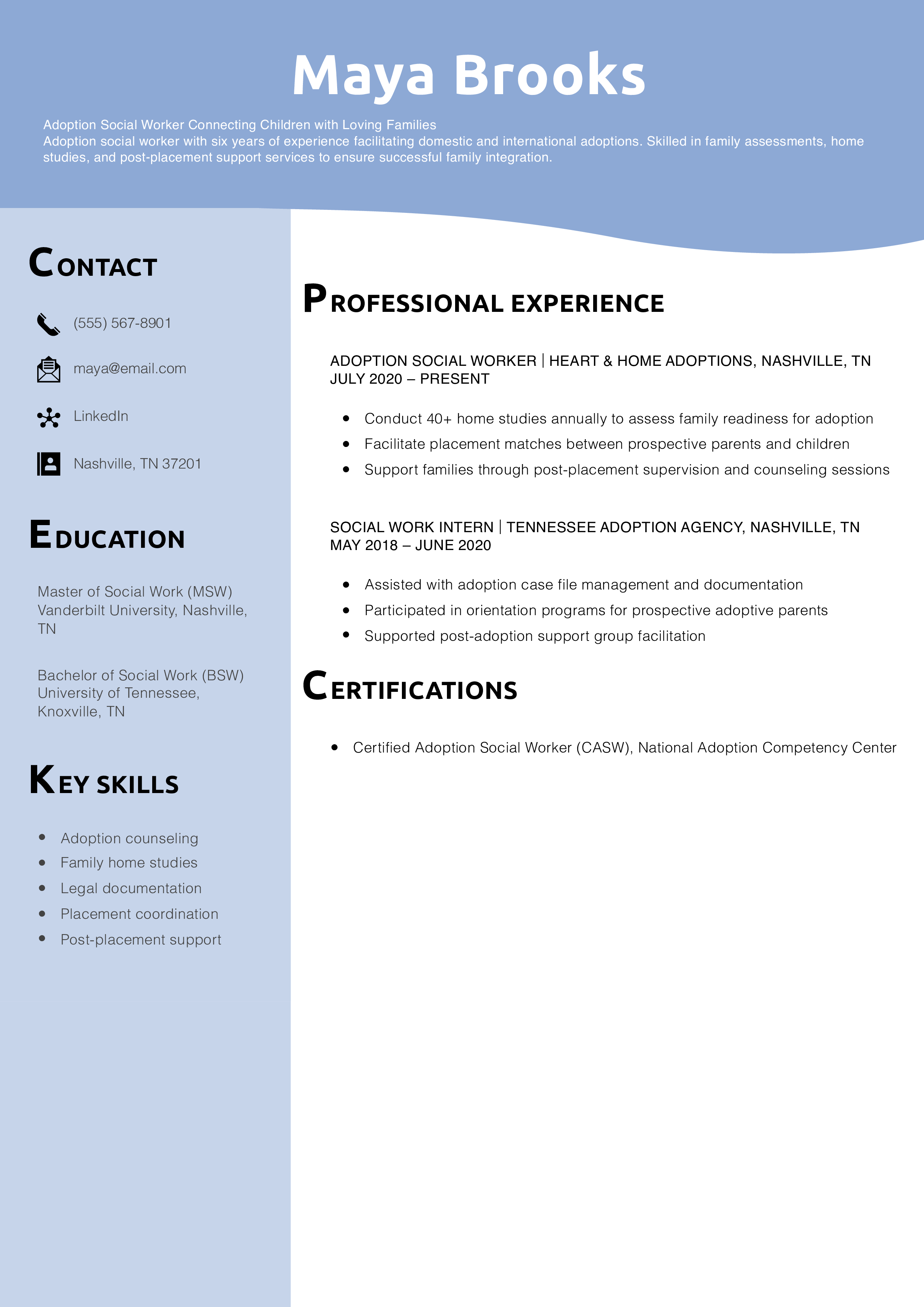 Adoption Social Worker Resume Example
