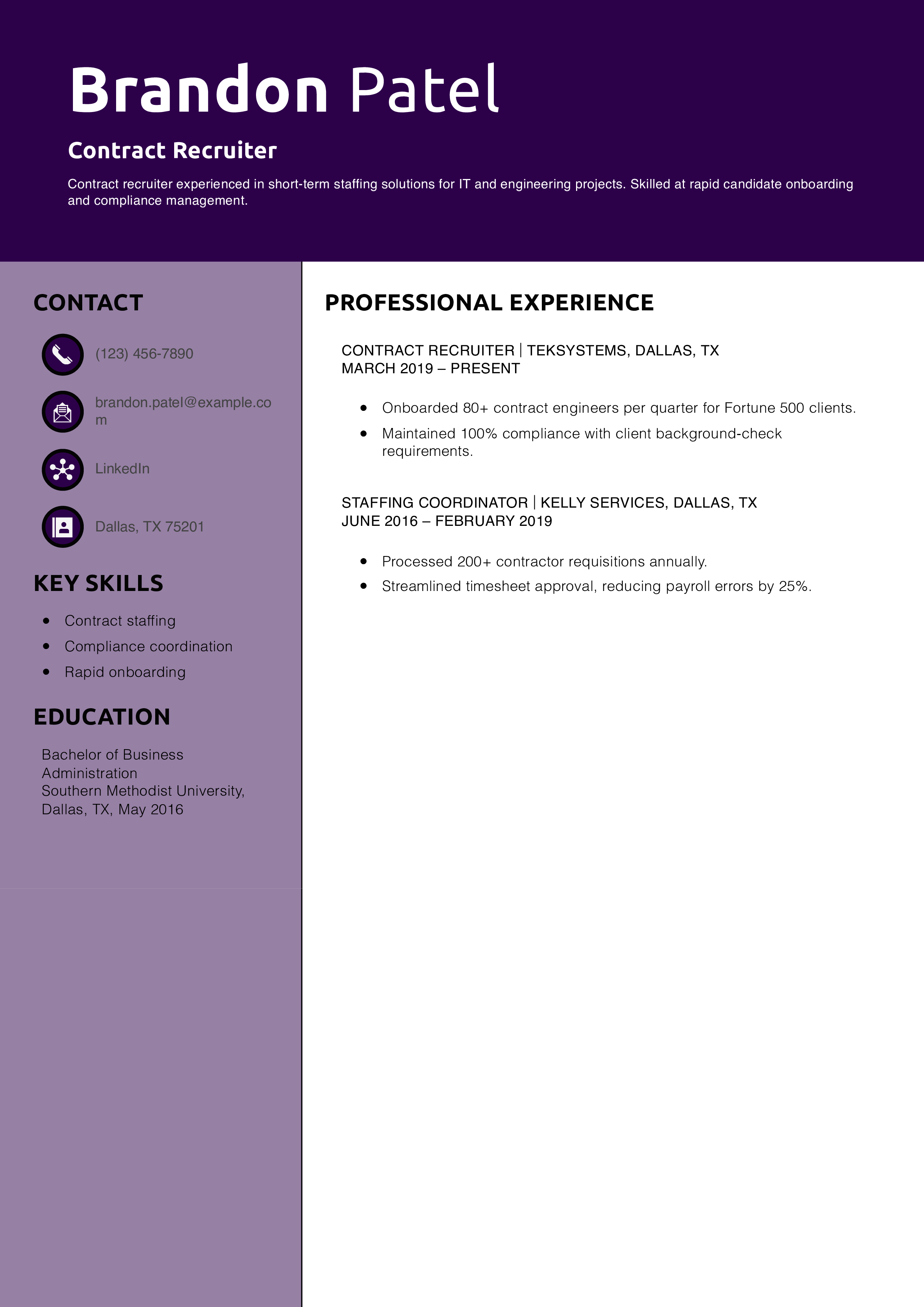 Contract Recruiter Resume Example