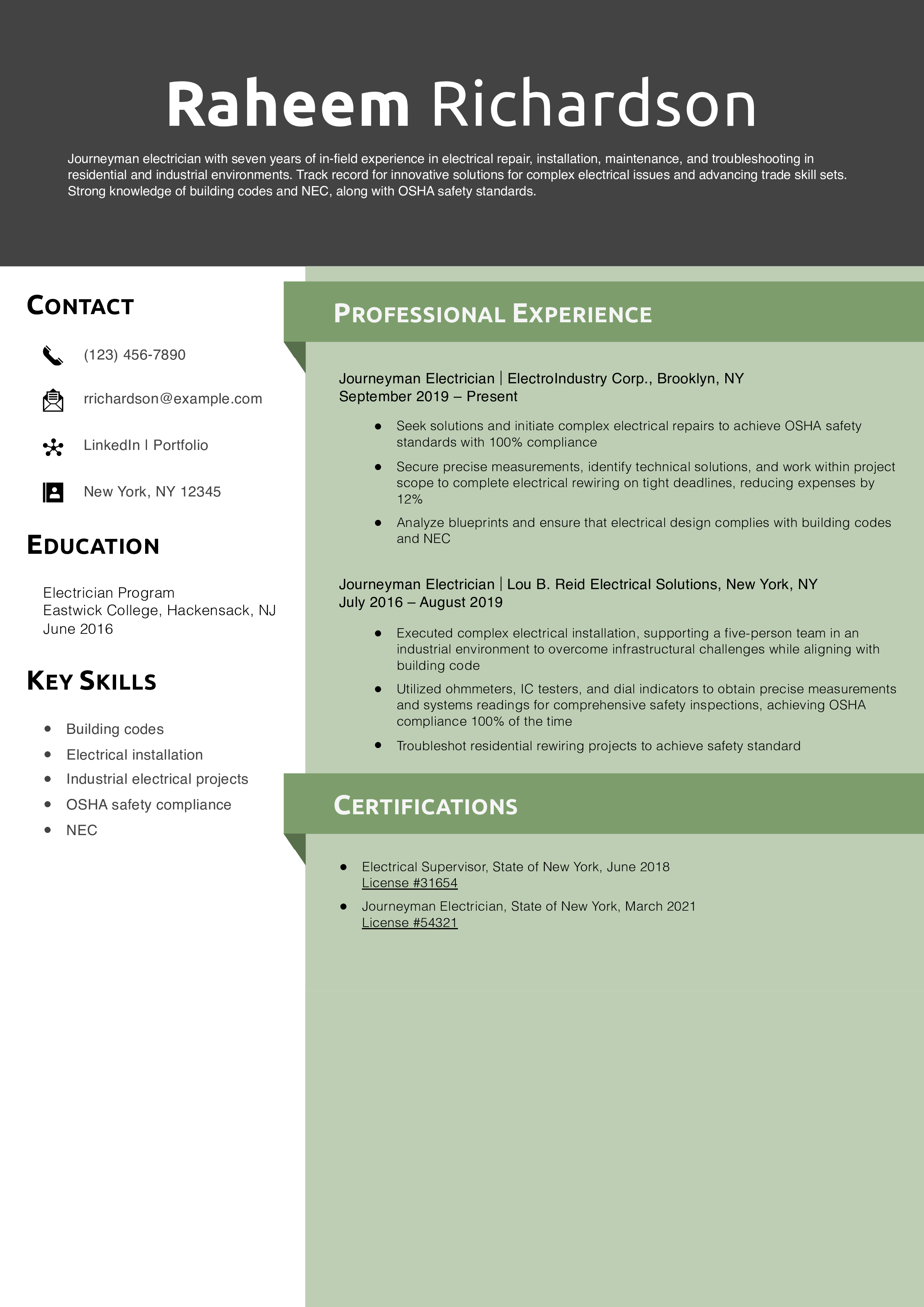 Mid-Level Electrician Resume Example