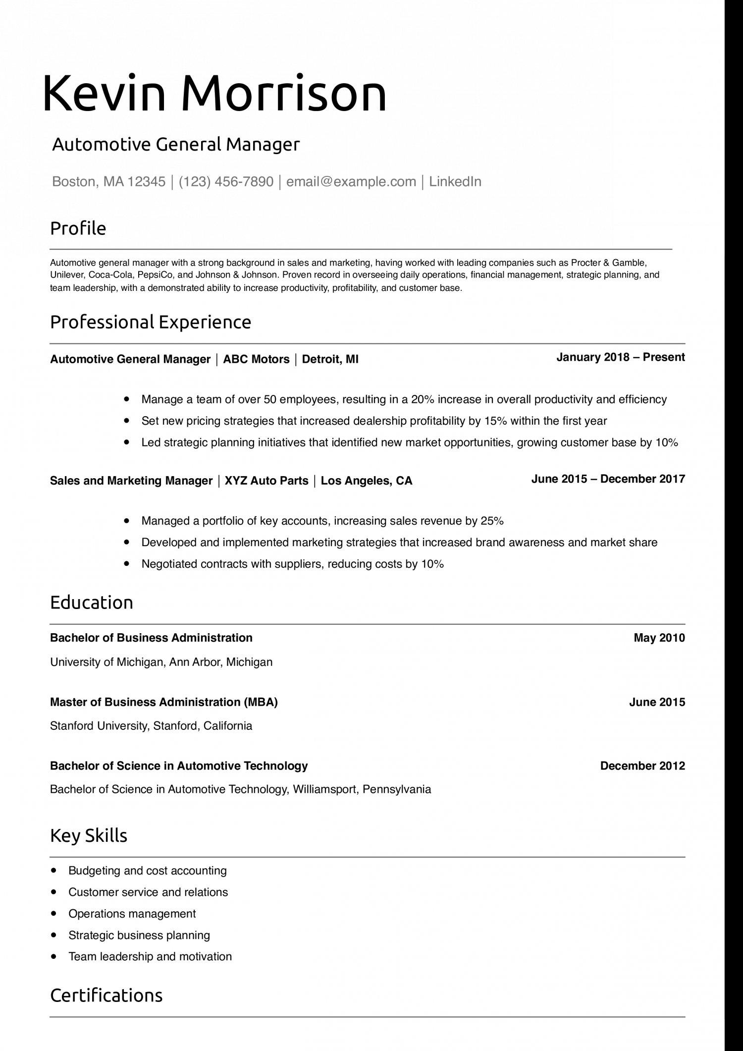 Automotive General Manager Resume Example