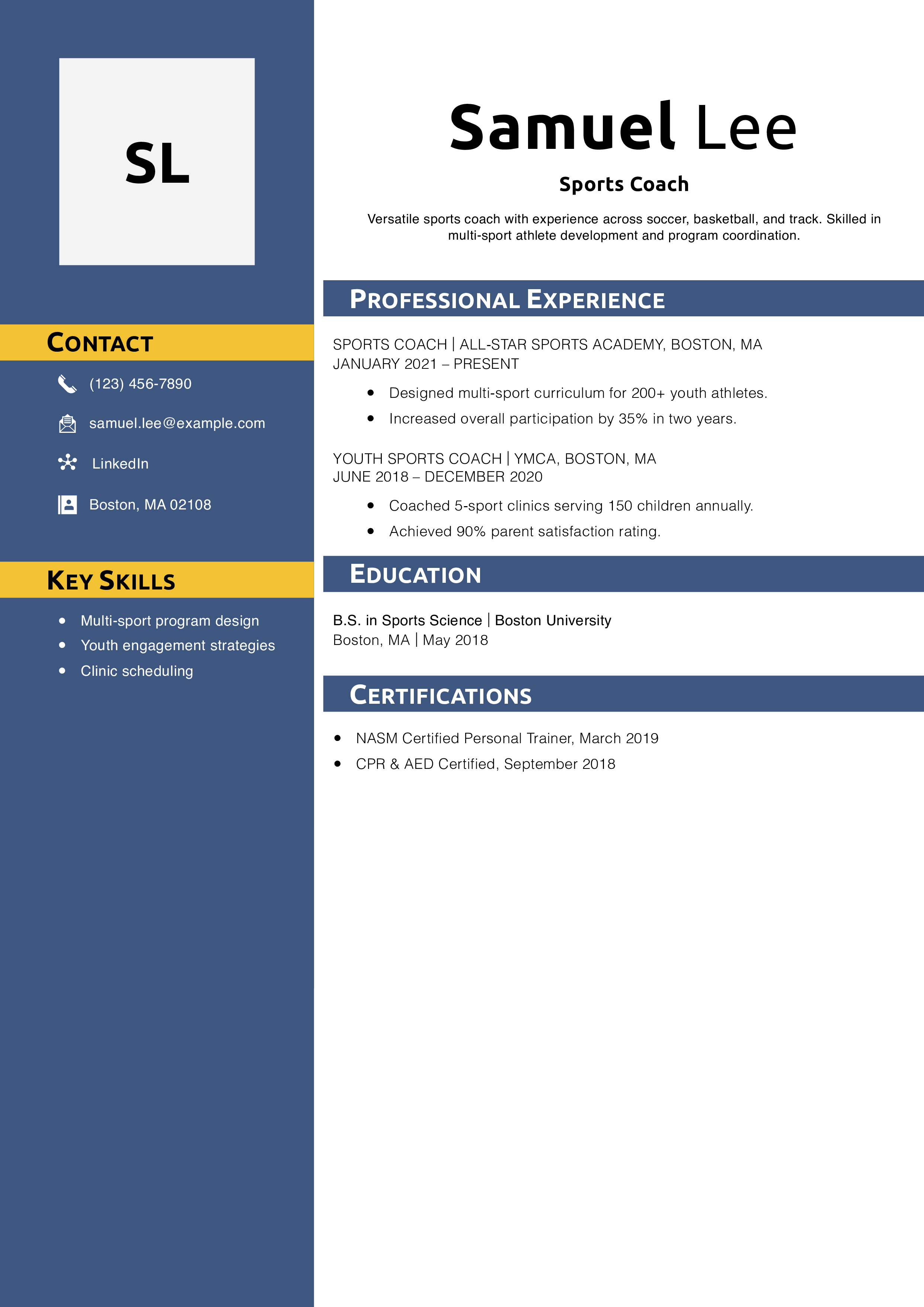 Sports Coach Resume Example