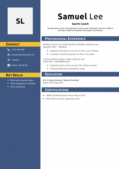 Sports Coach Resume Example