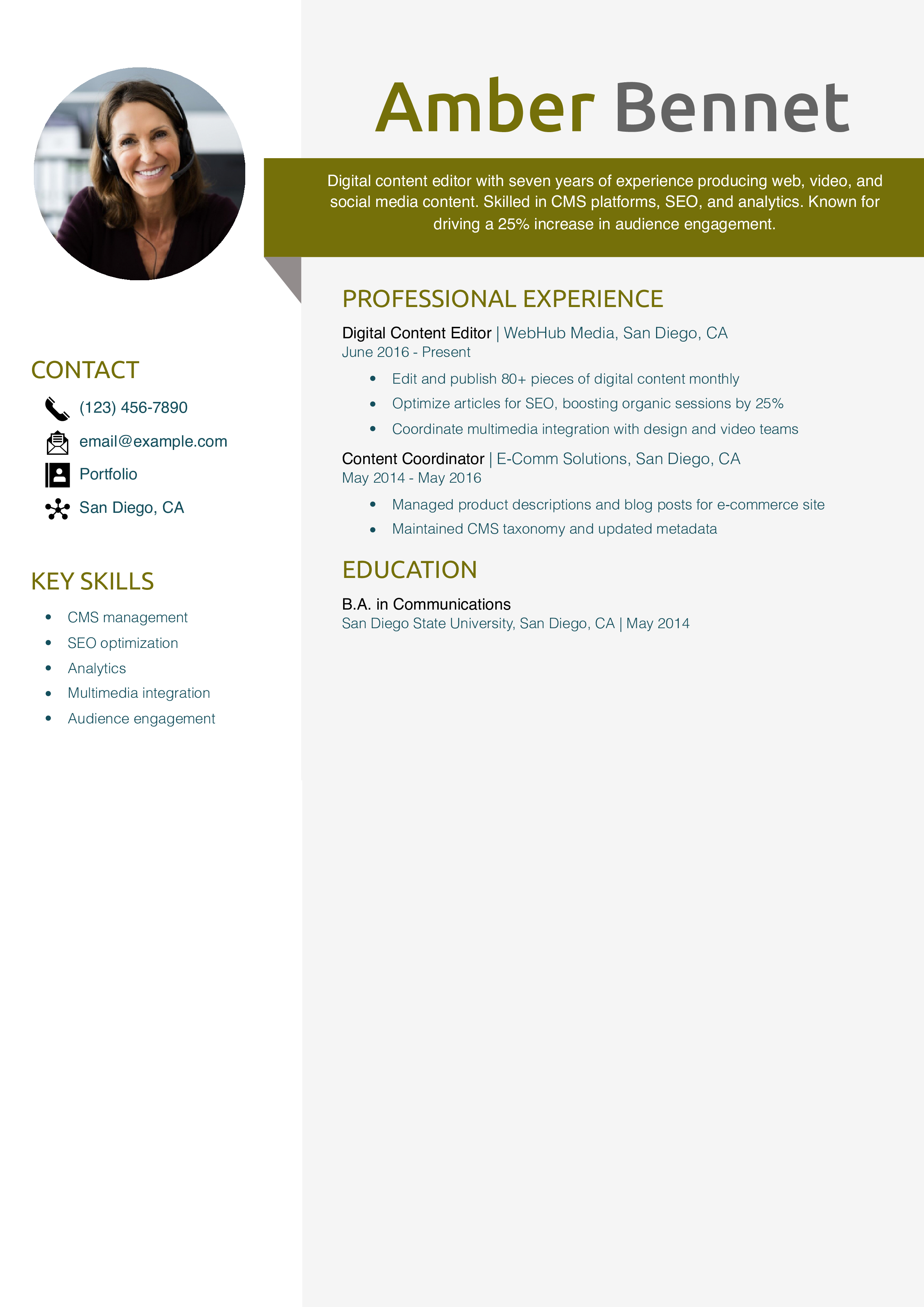 Digital Content Editor Resume Example