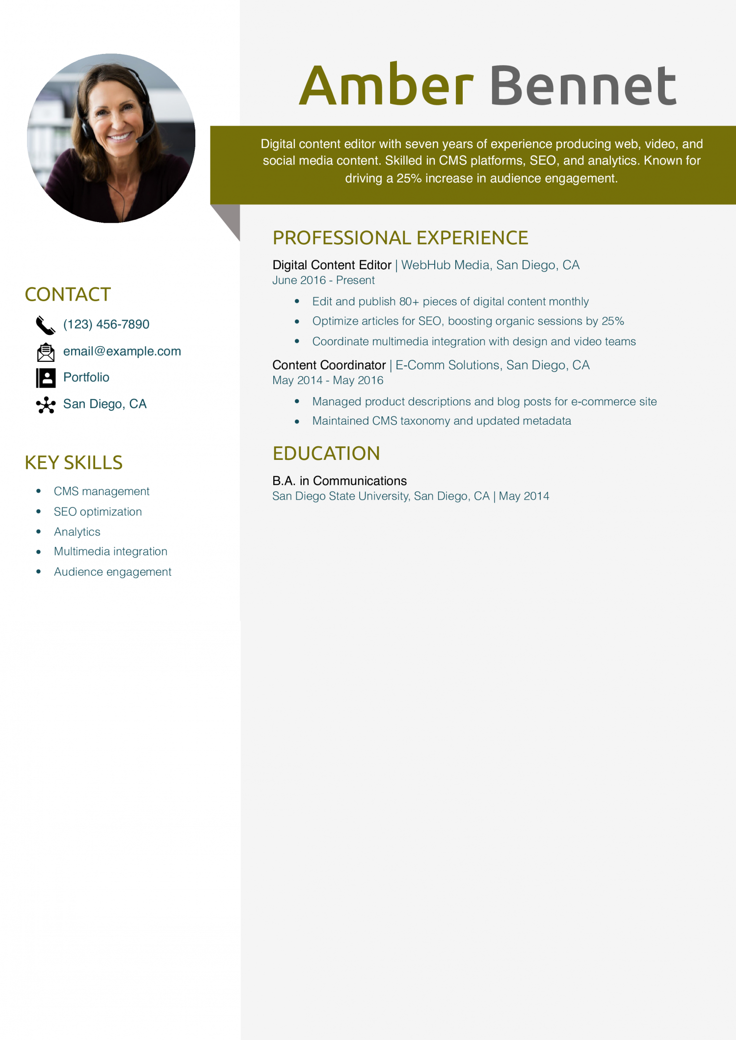 Digital Content Editor Resume Example