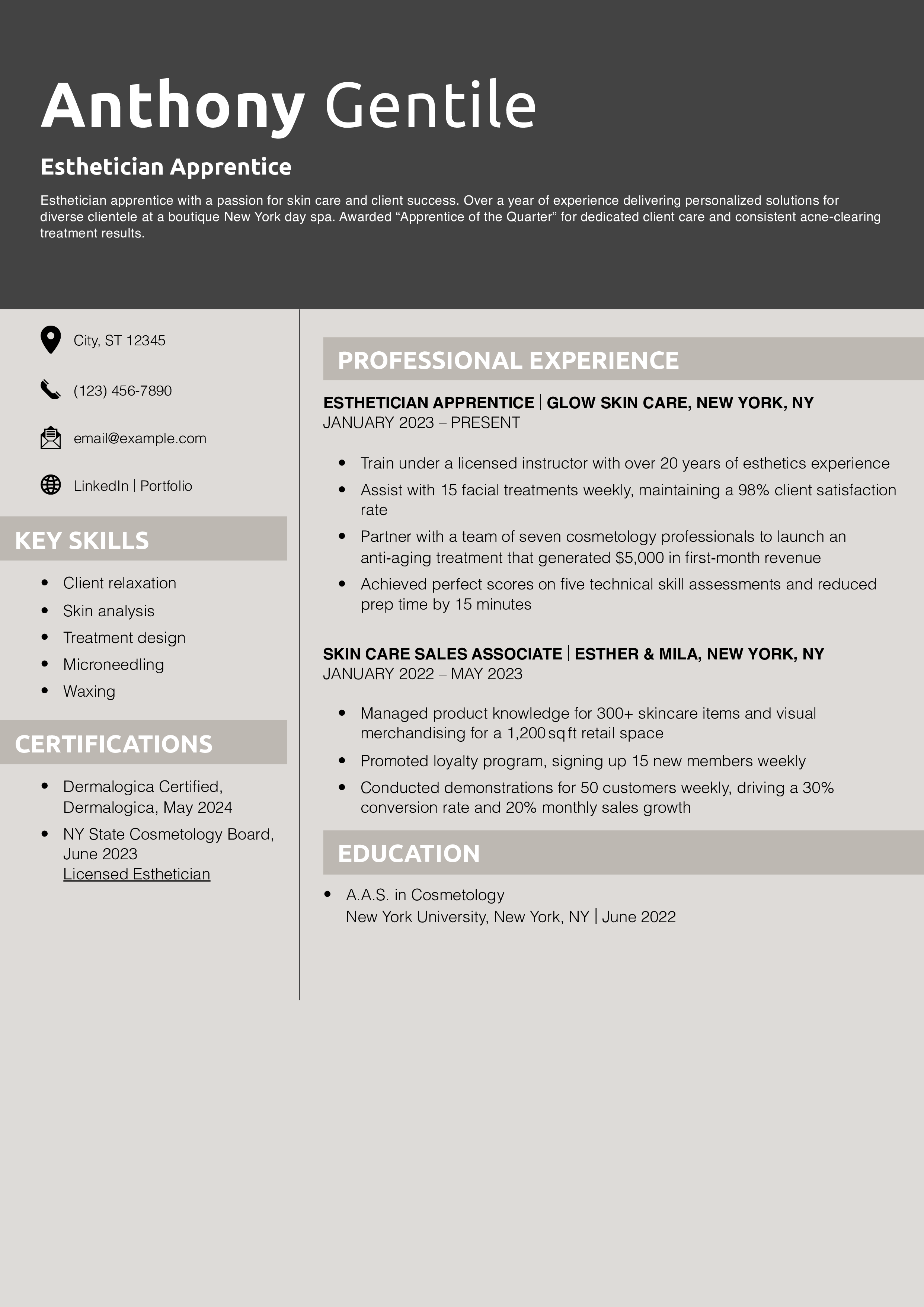 Esthetician Apprentice Resume Example