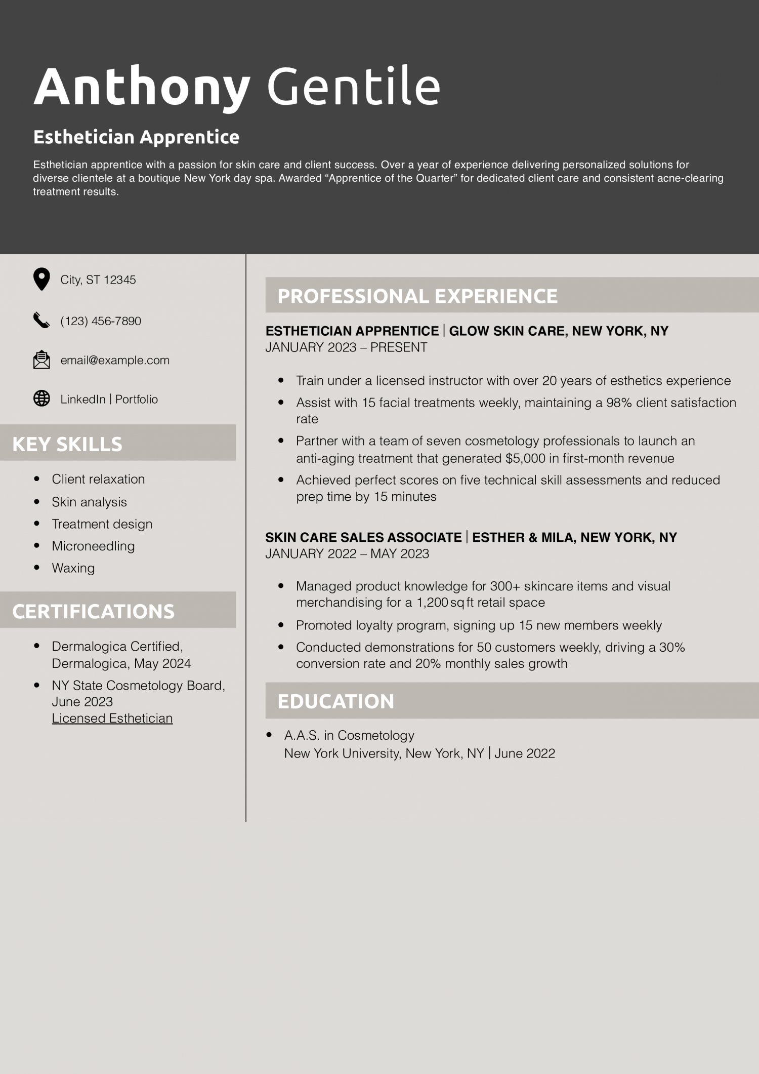 Esthetician Apprentice Resume Example