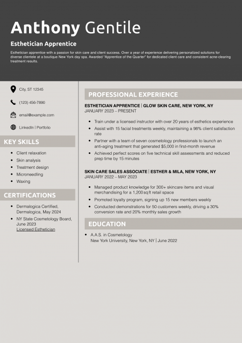Esthetician Apprentice Resume Example