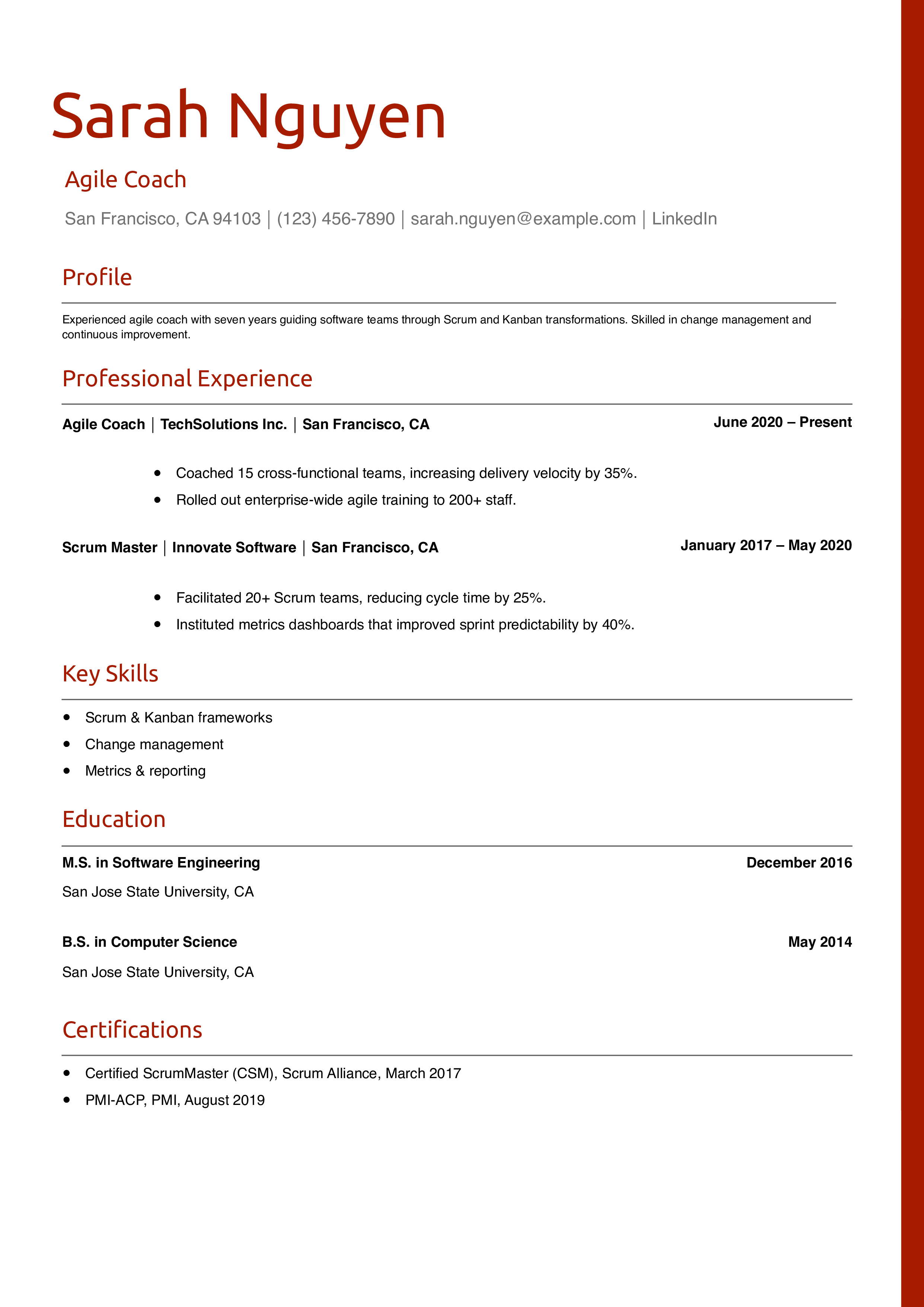 Agile Coach Resume Example