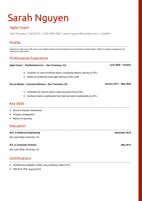 Agile Coach Resume Example