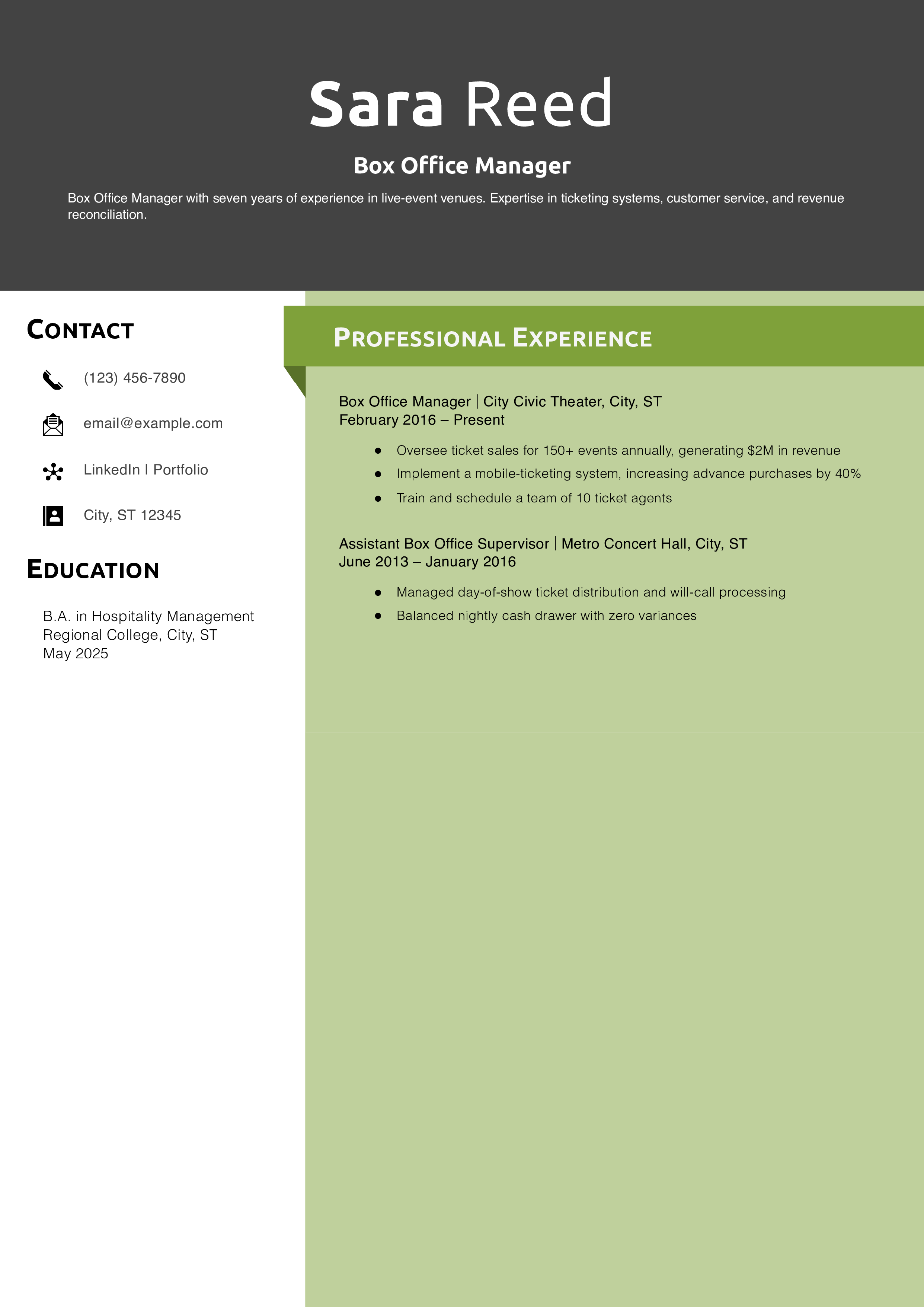 Box Office Manager Resume Example