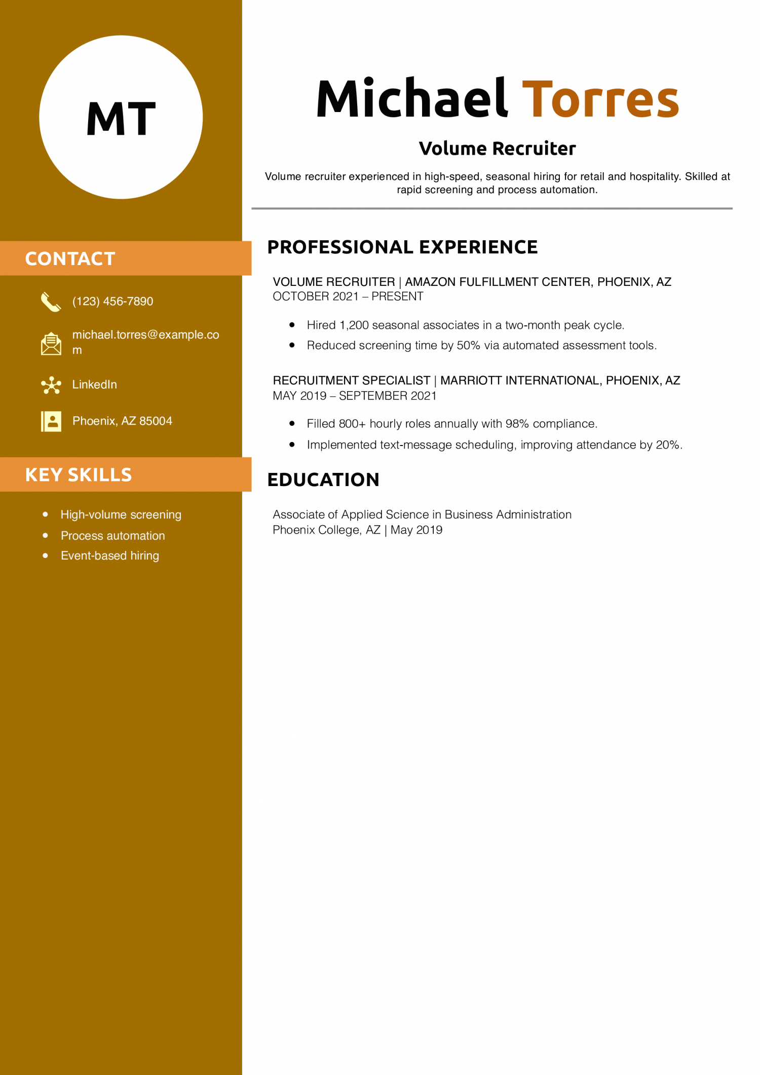 Volume Recruiter Resume Example