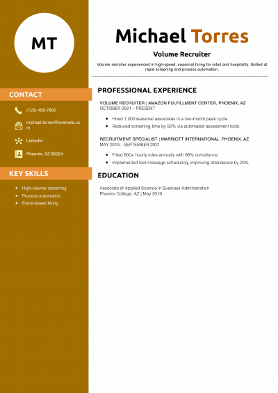 Volume Recruiter Resume Example
