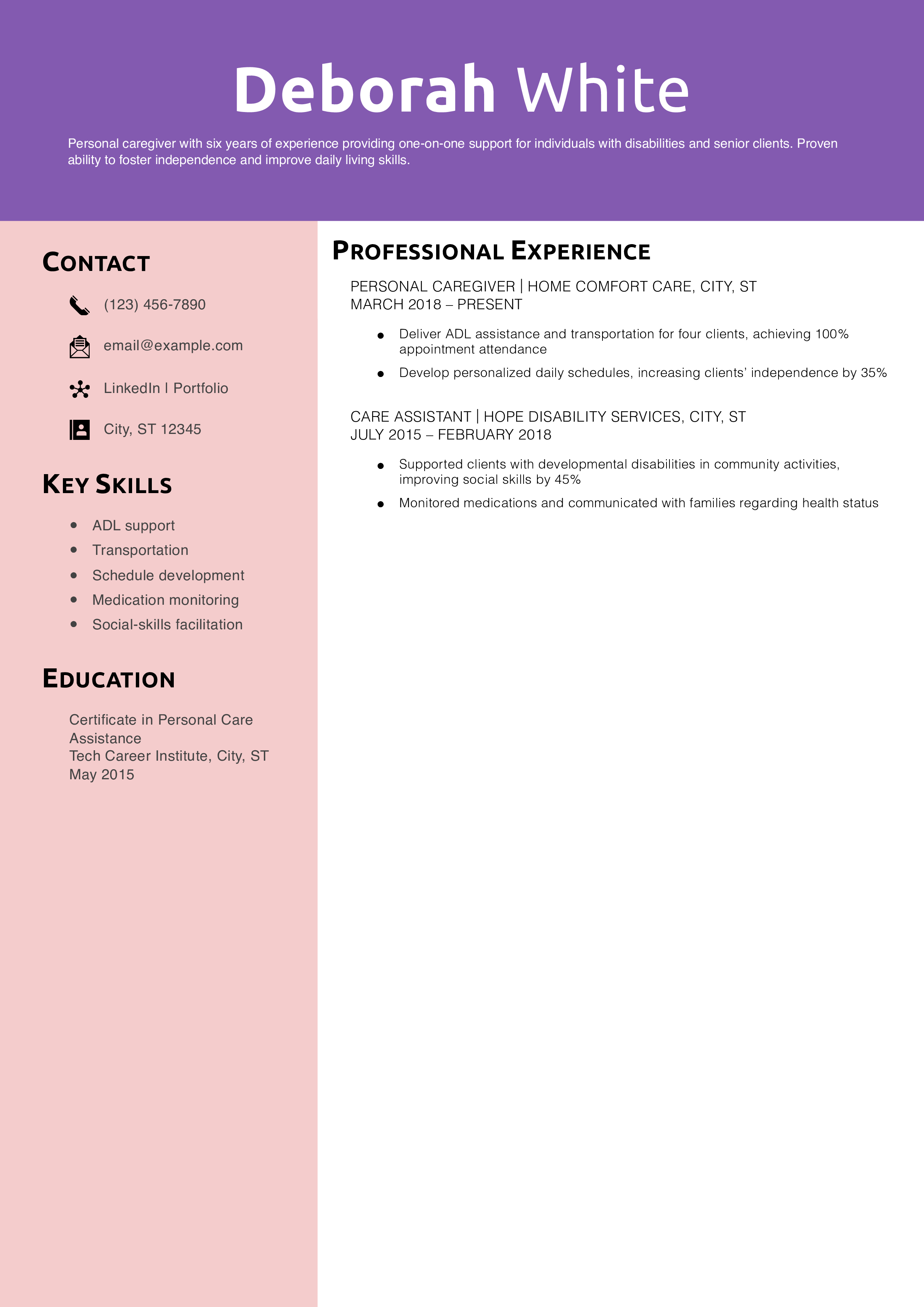 Personal Caregiver Resume Example