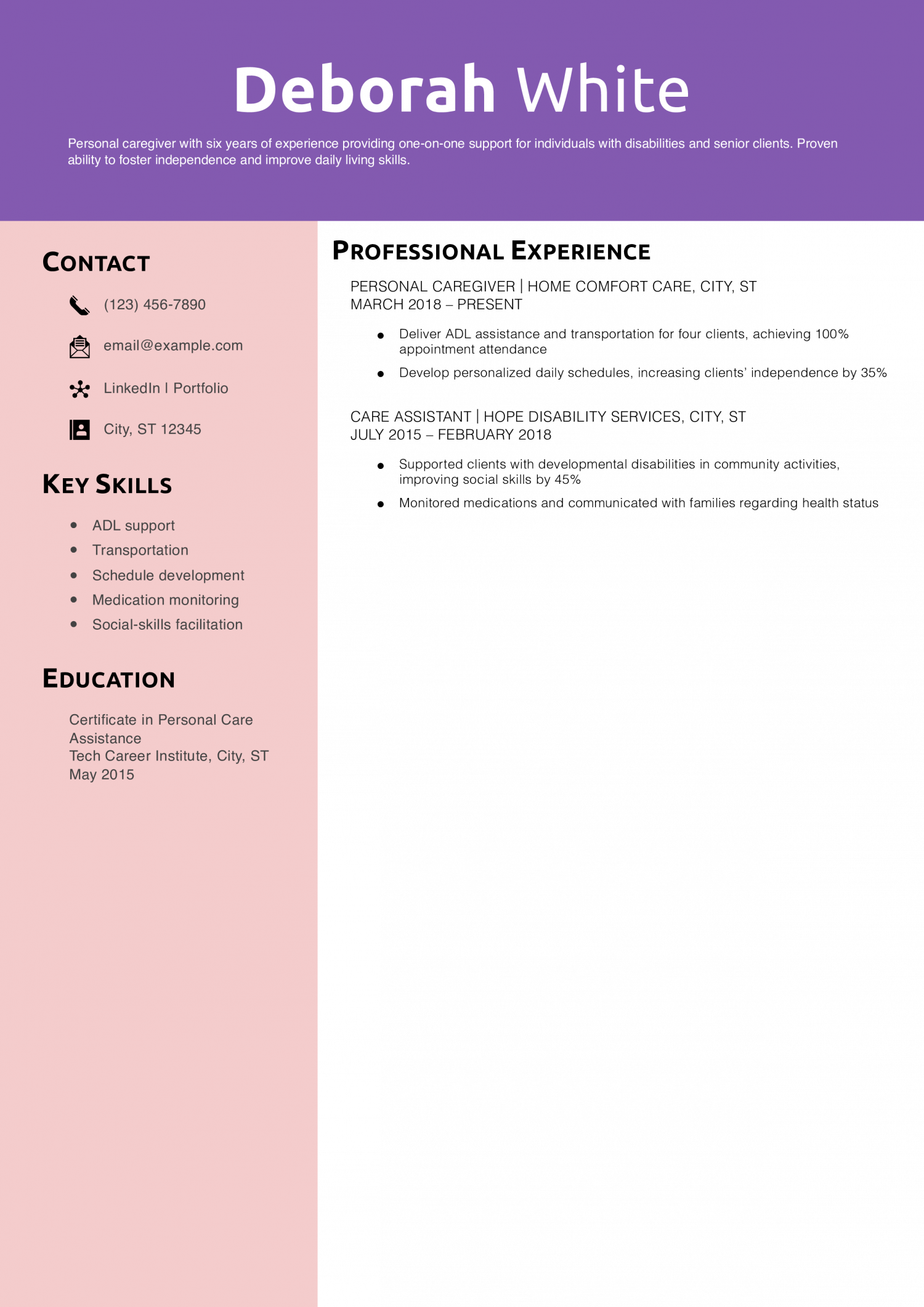 Personal Caregiver Resume Example