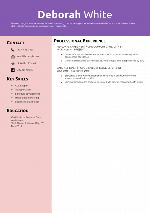 Personal Caregiver Resume Example