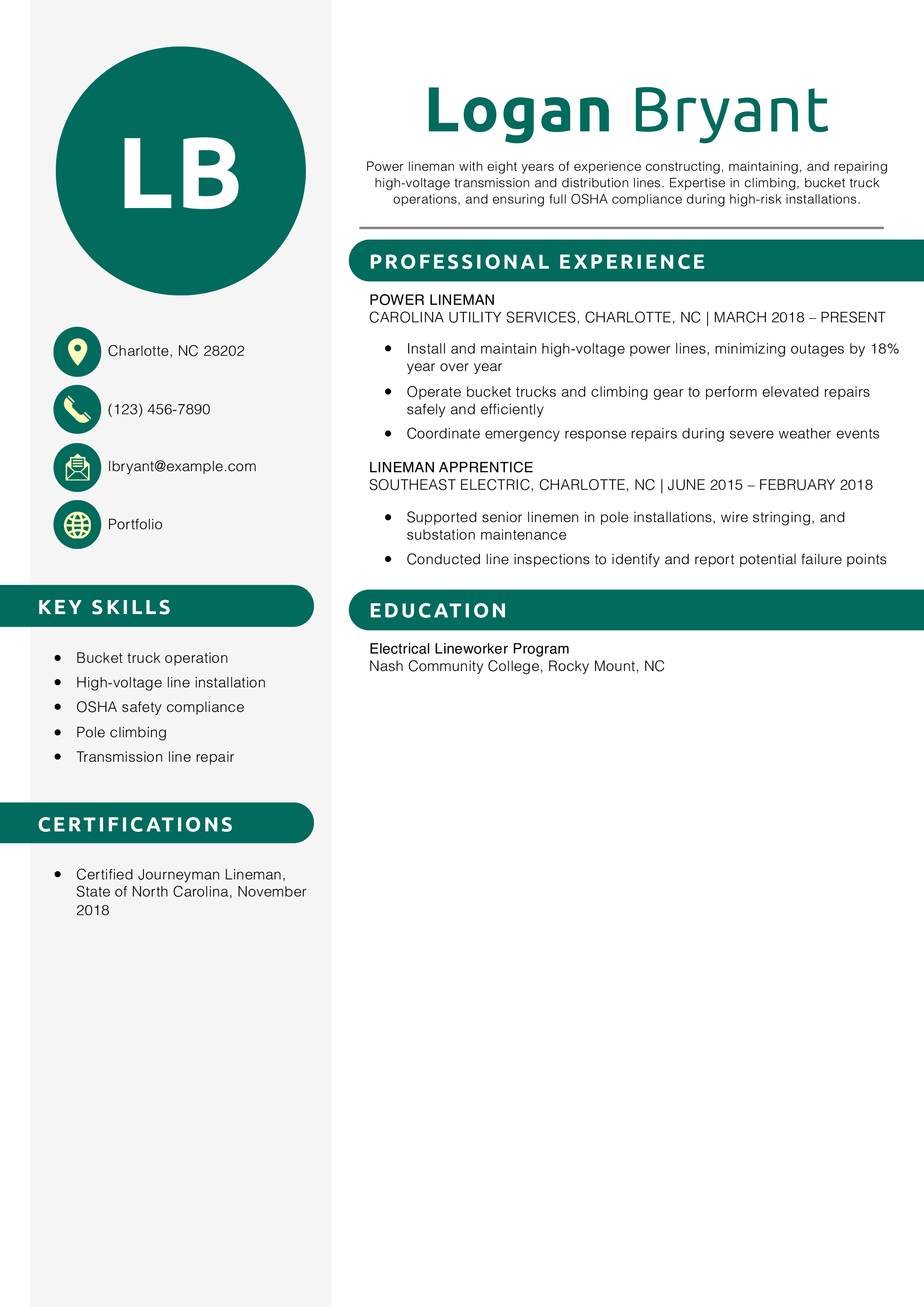 Power Lineman Resume Example