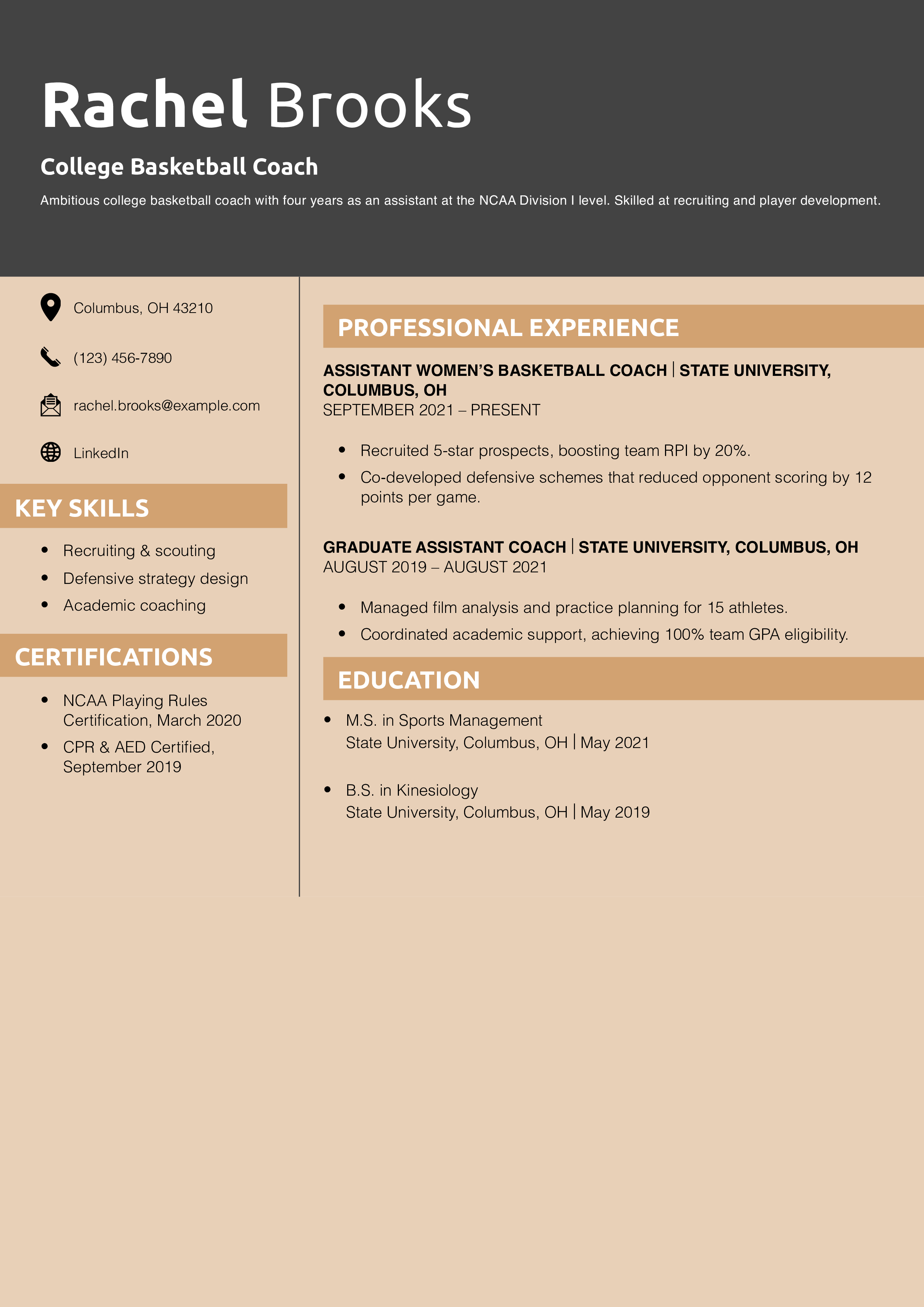 College Basketball Coach Resume Example
