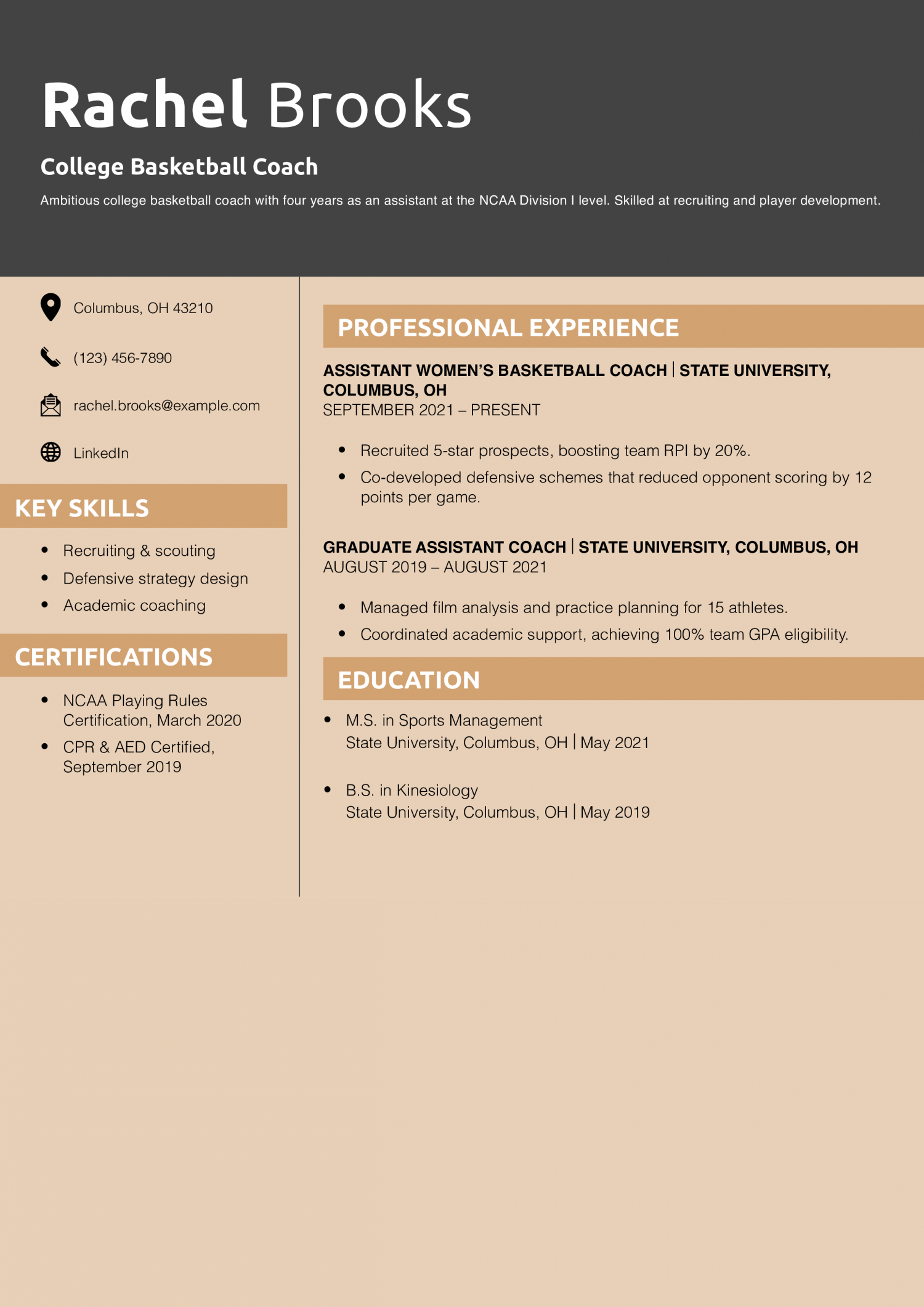 College Basketball Coach Resume Example