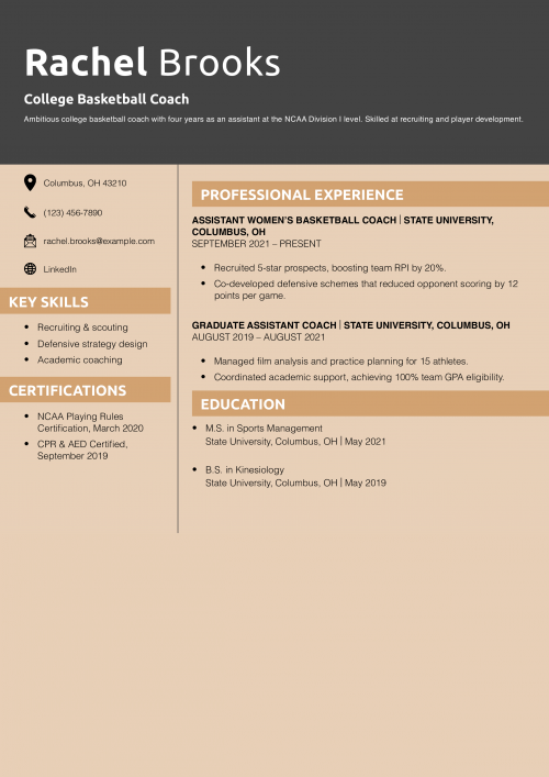 College Basketball Coach Resume Example