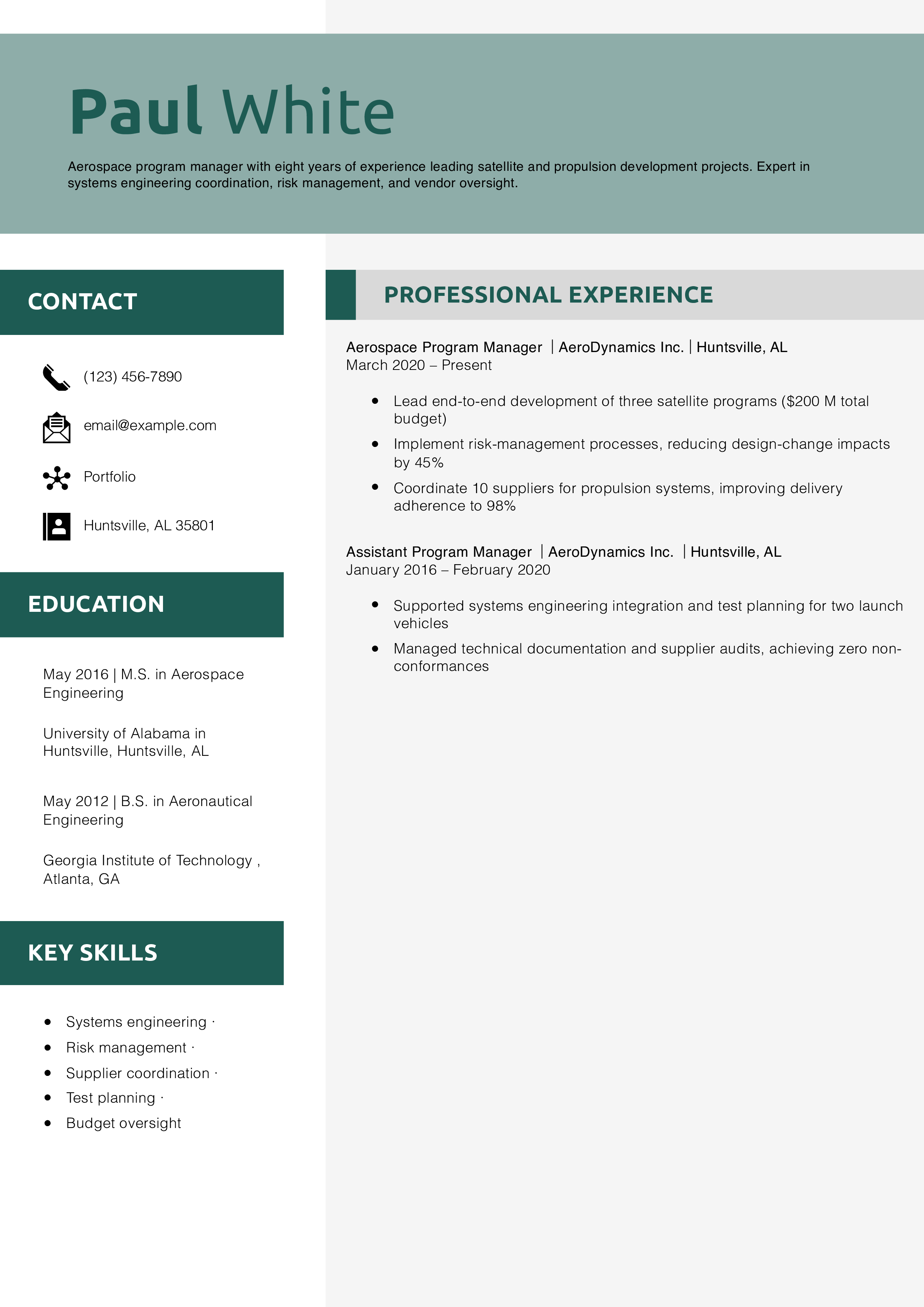 Aerospace Program Manager Resume Example