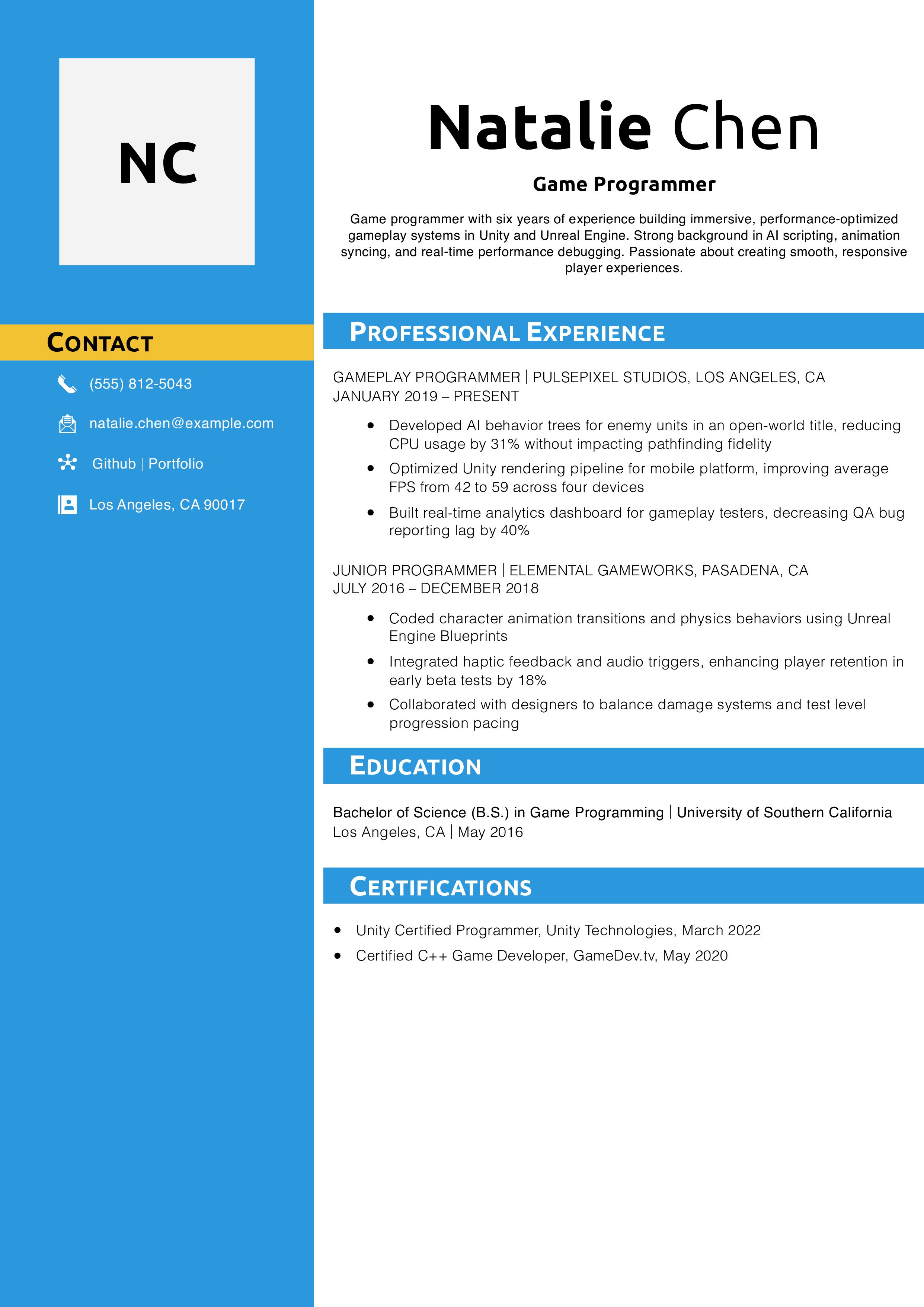 Game Programmer Resume Example