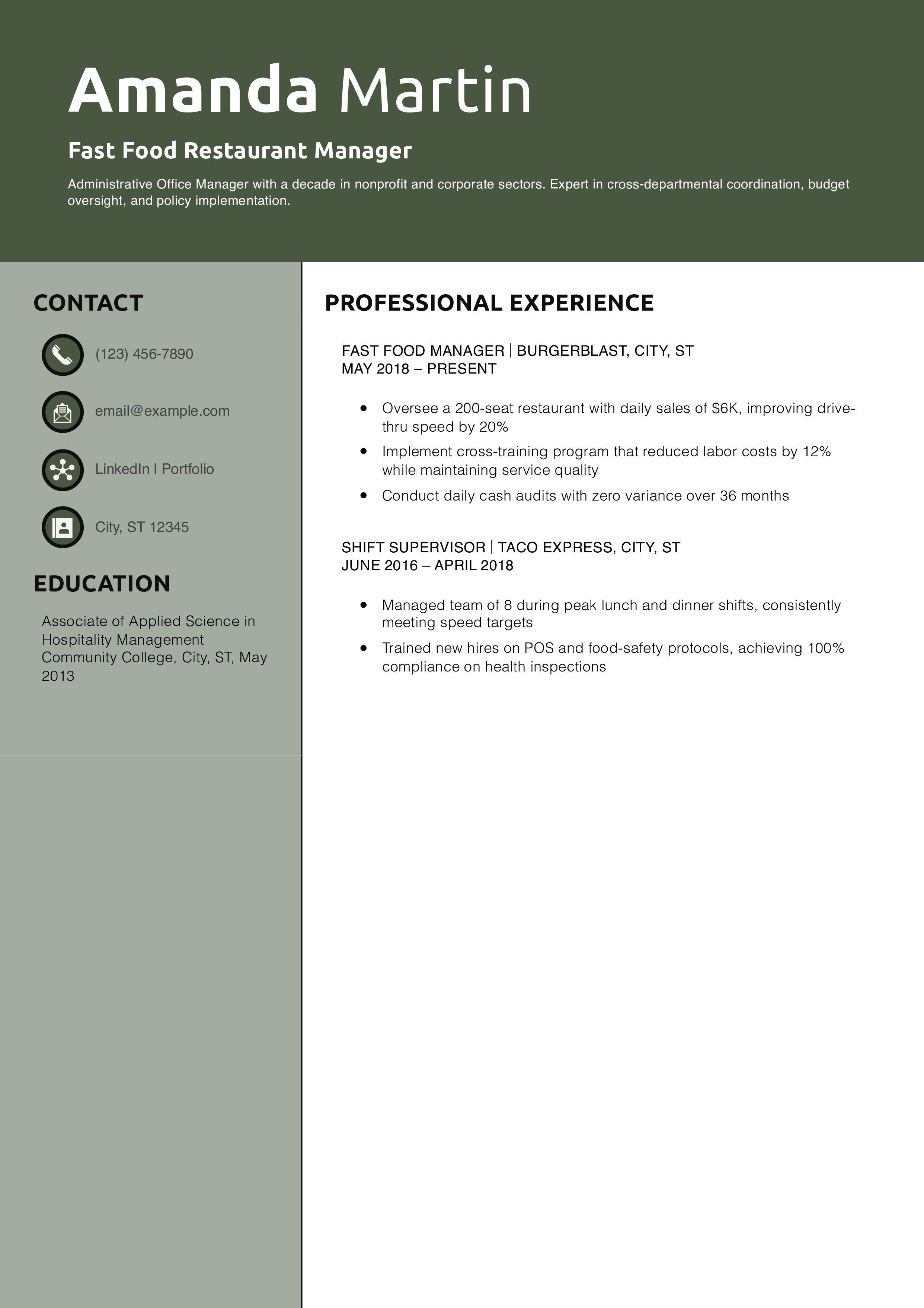 Fast Food Restaurant Manager Resume Example