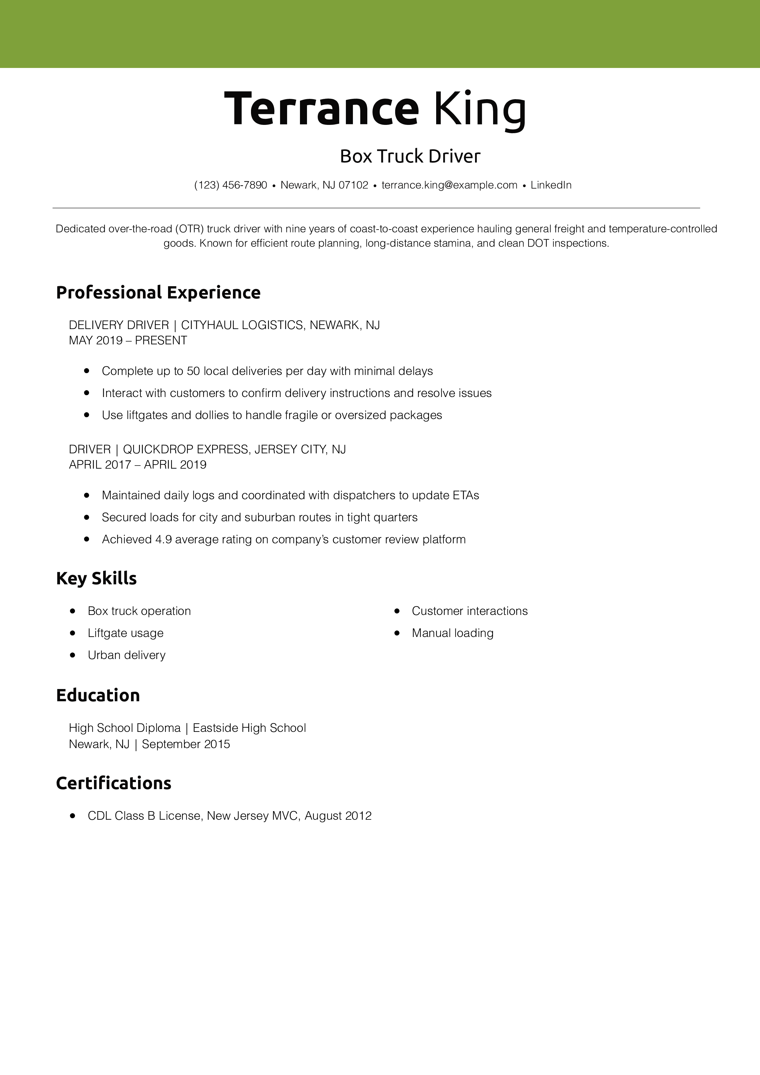 Box Truck Driver Resume