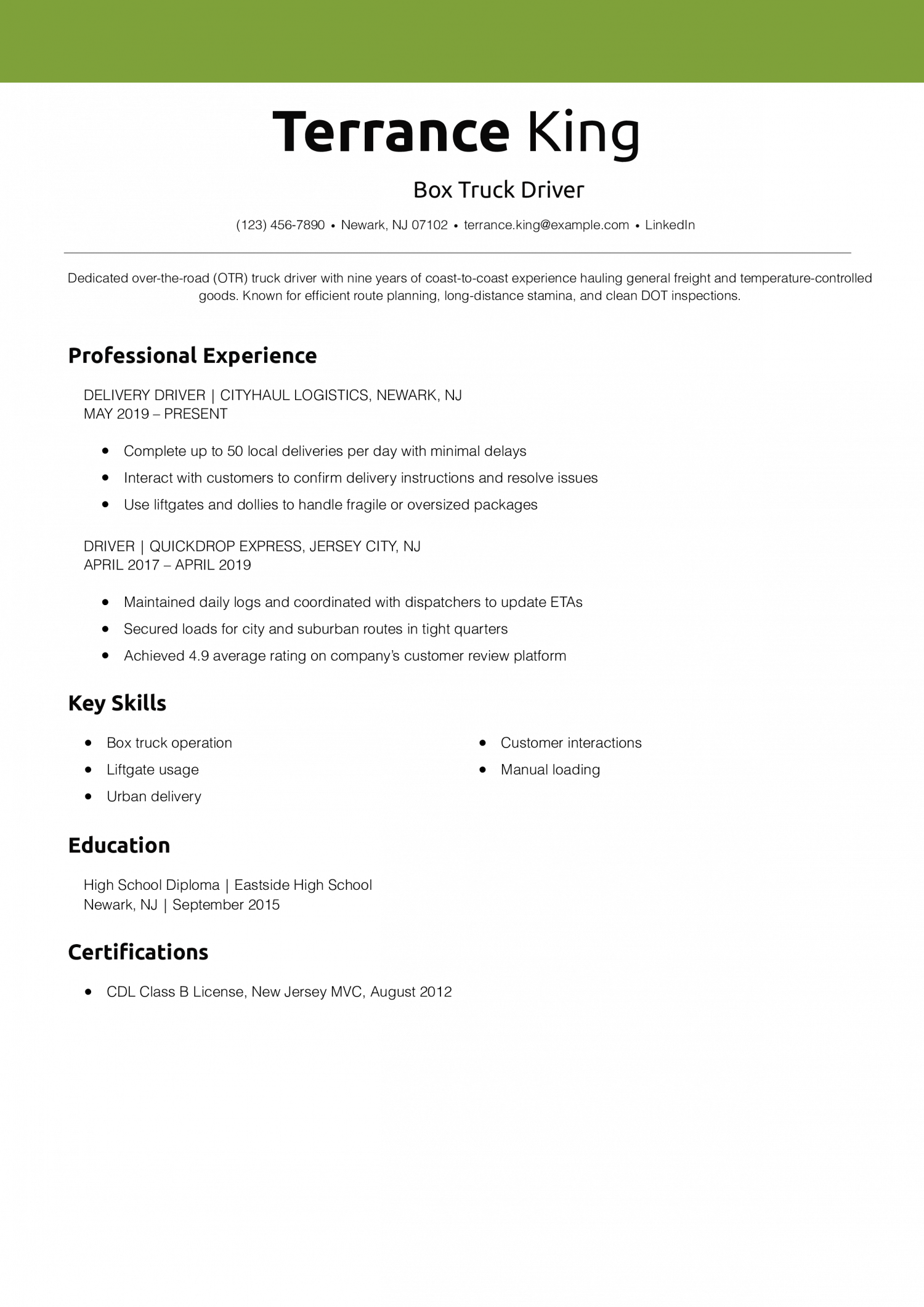 Box Truck Driver Resume