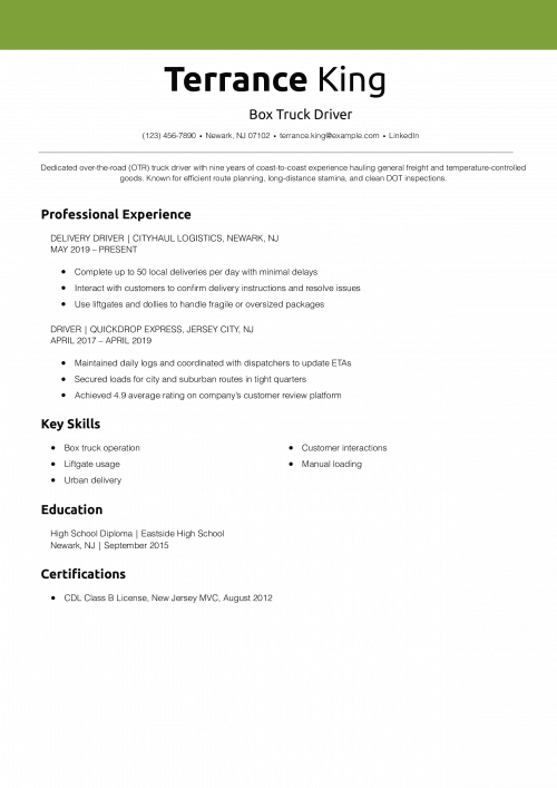 Box Truck Driver Resume