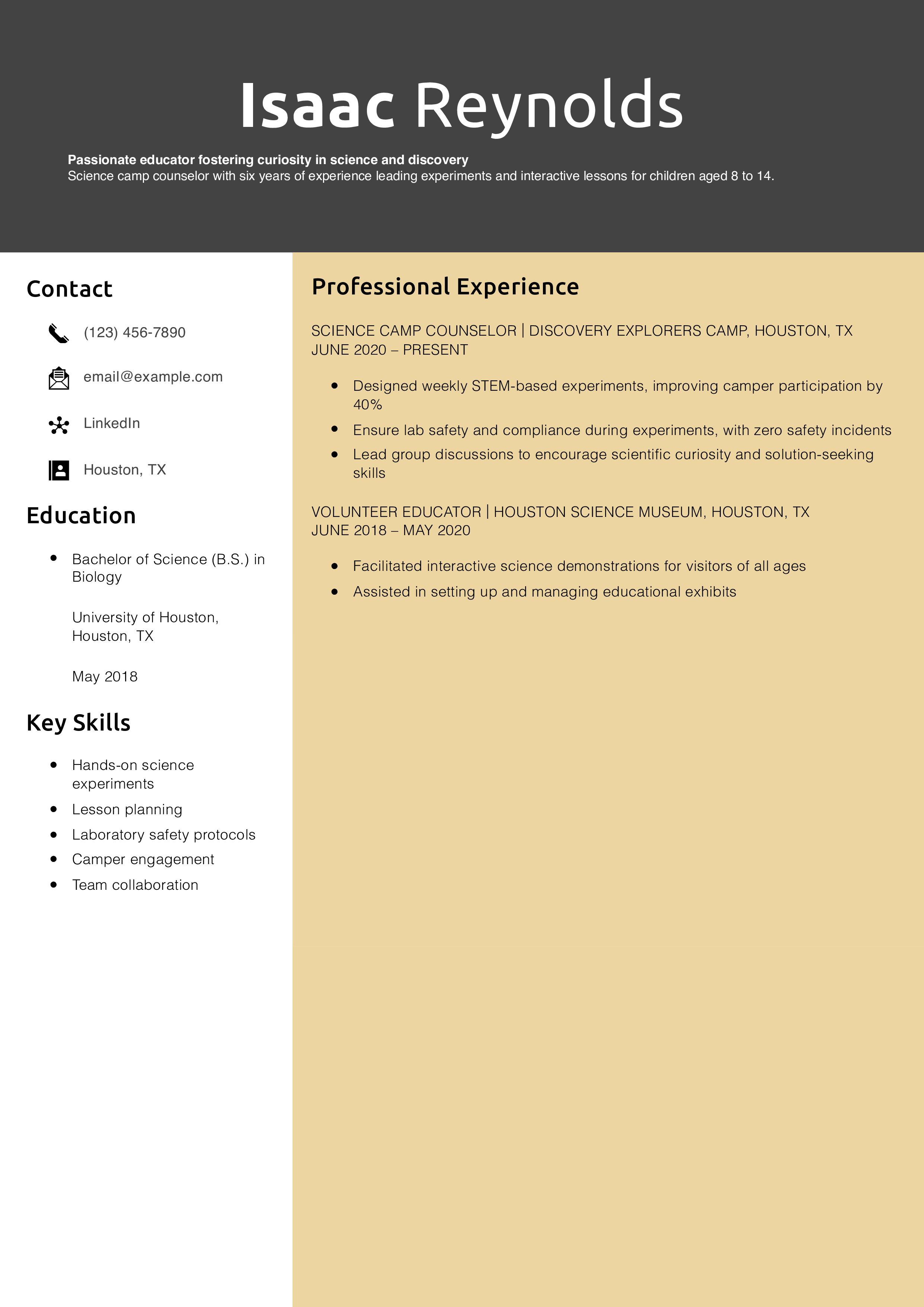Science Camp Counselor Resume