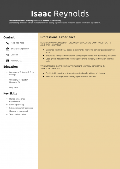 Science Camp Counselor Resume
