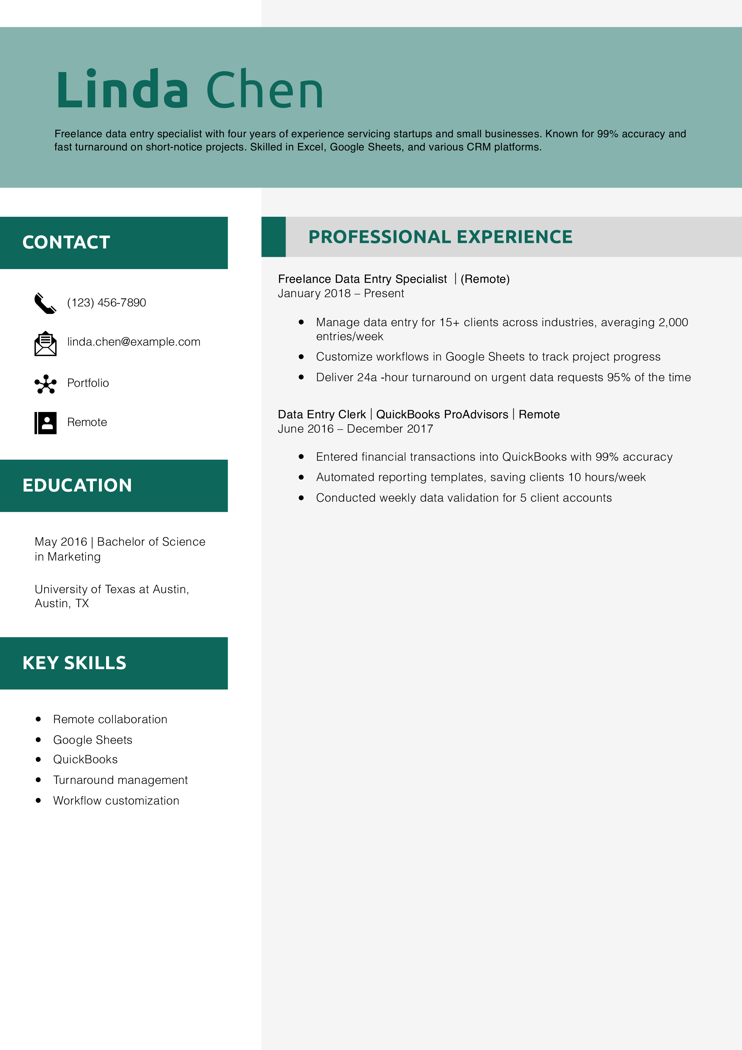Freelance Data Entry Resume Example