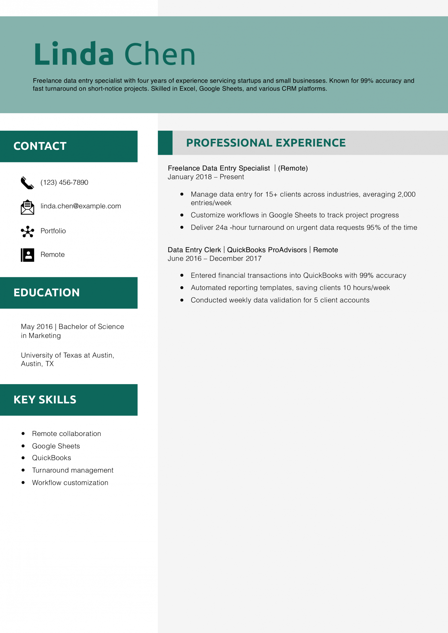 Freelance Data Entry Resume Example