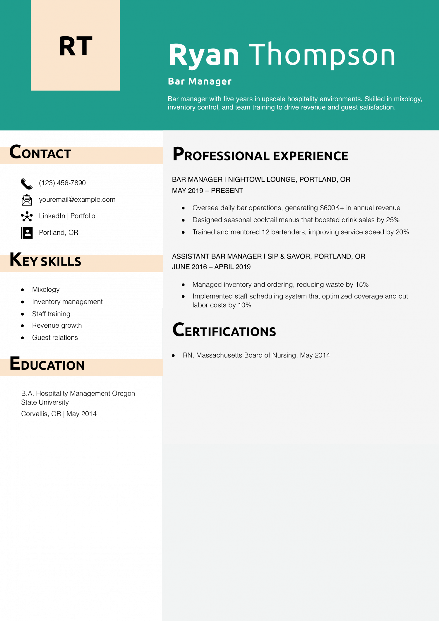 Bar Manager Resume Example