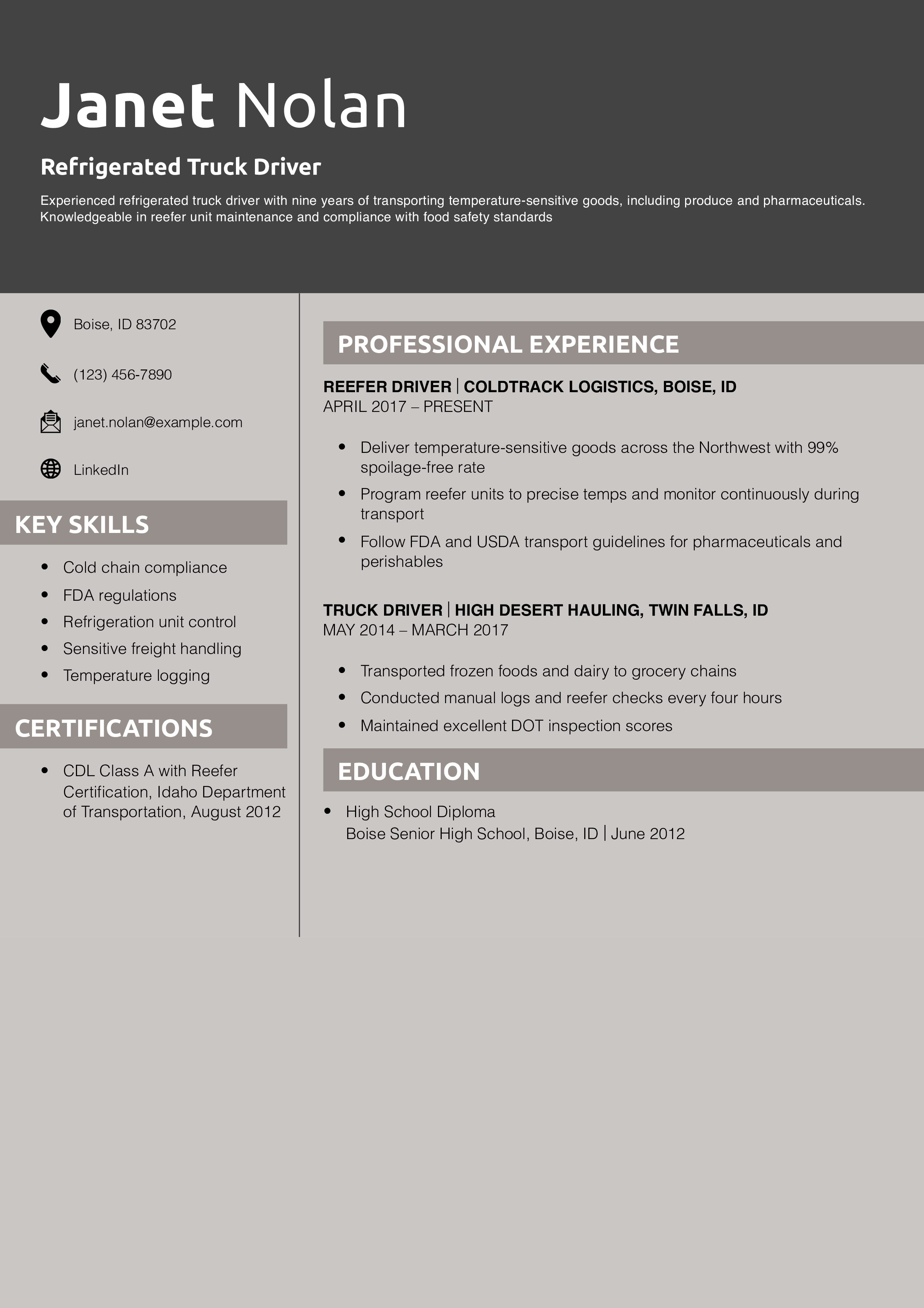 Refrigerated Truck Driver Resume