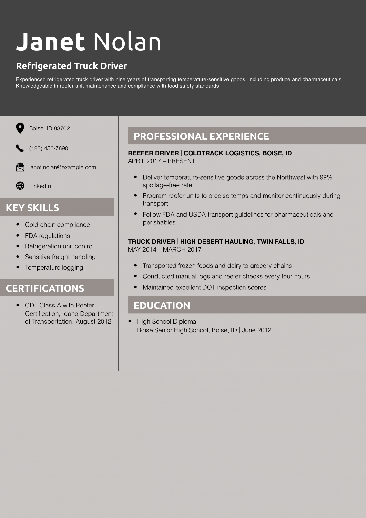 Refrigerated Truck Driver Resume