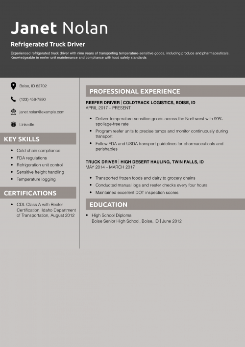 Refrigerated Truck Driver Resume