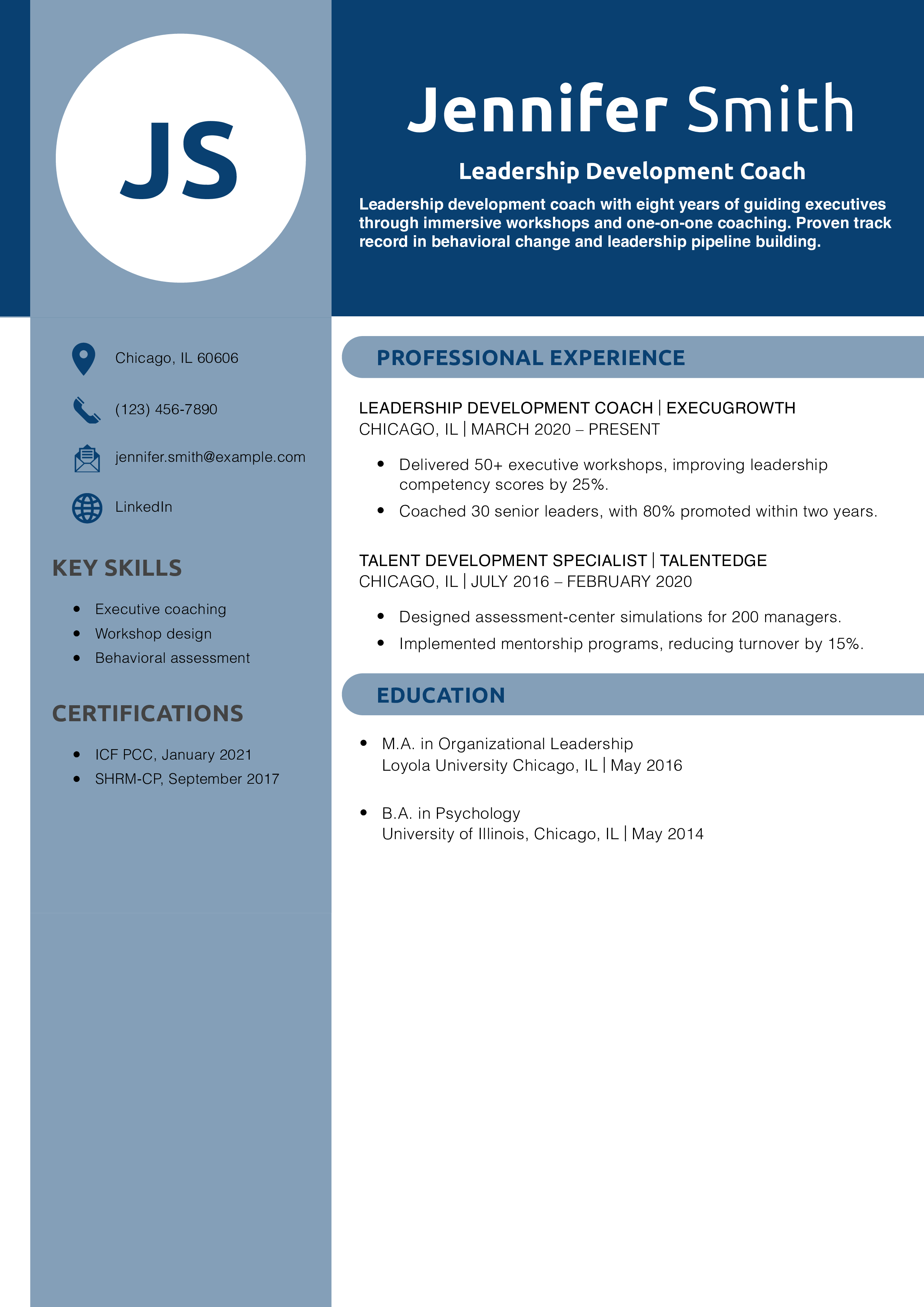 Leadership Development Coach Resume Example