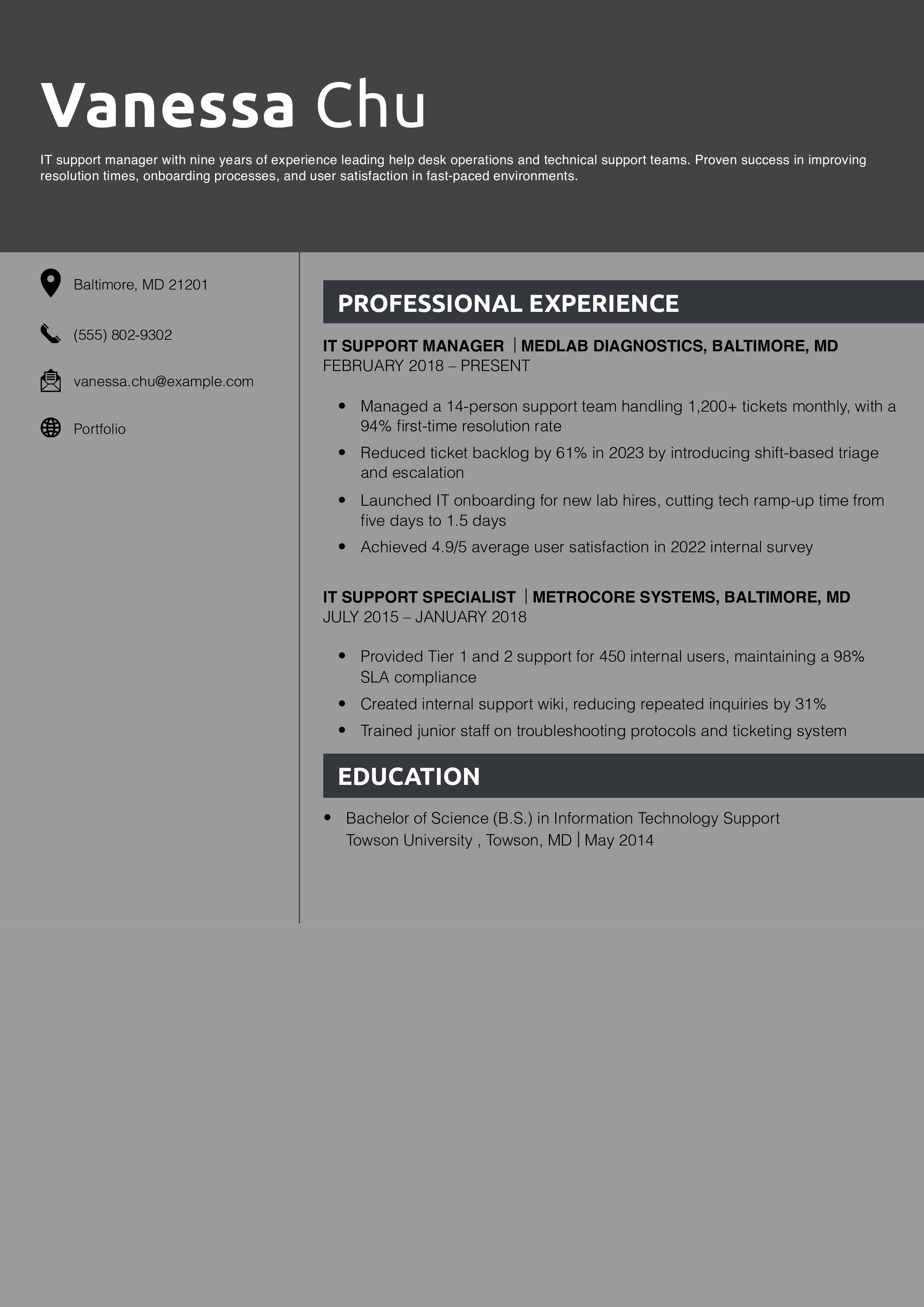IT Support Manager Resume Example