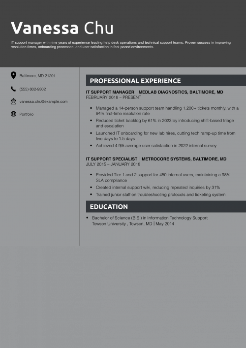 IT Support Manager Resume Example