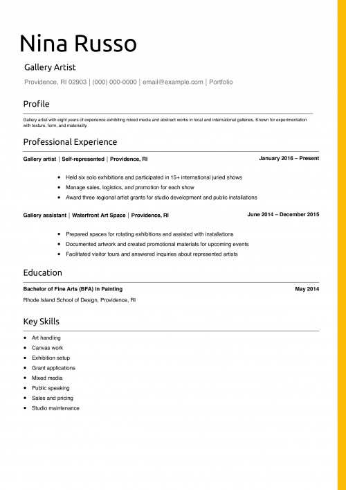 Gallery Artist Resume Example
