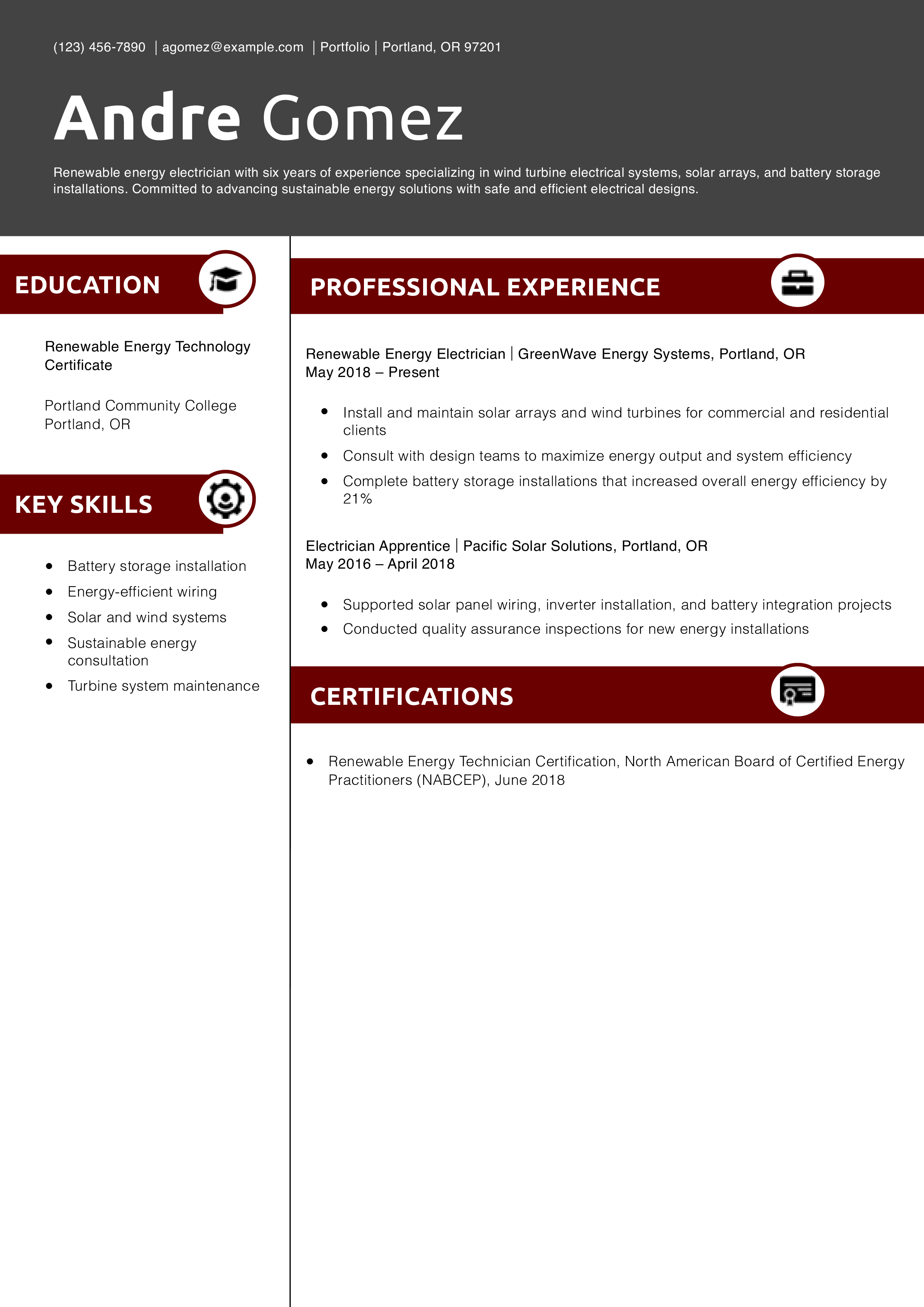 Renewable Energy Electrician Resume Example