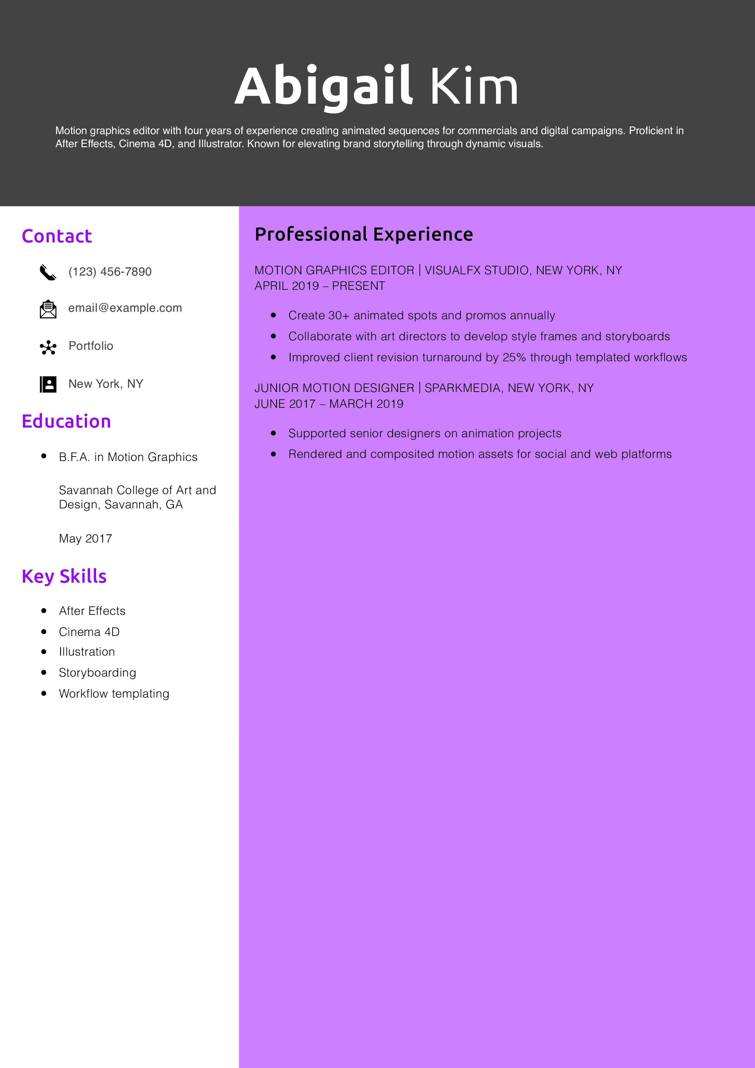 Motion Graphics Editor Resume Example