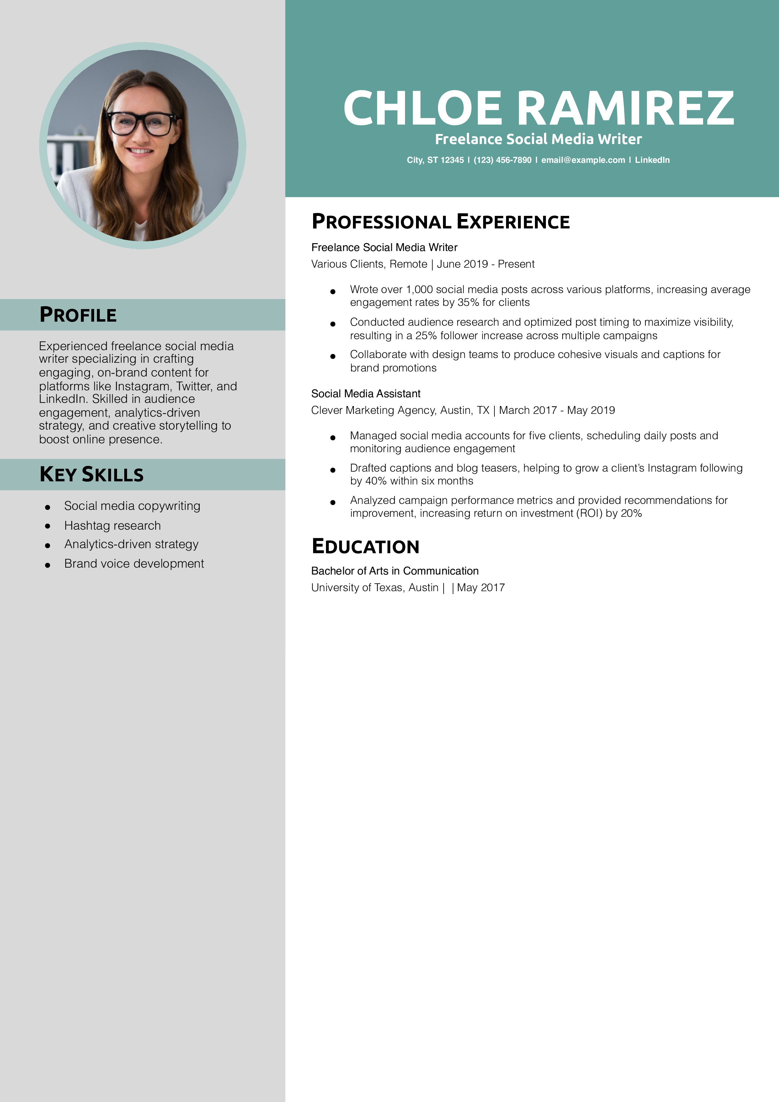 Freelance Social Media Writer Resume Example