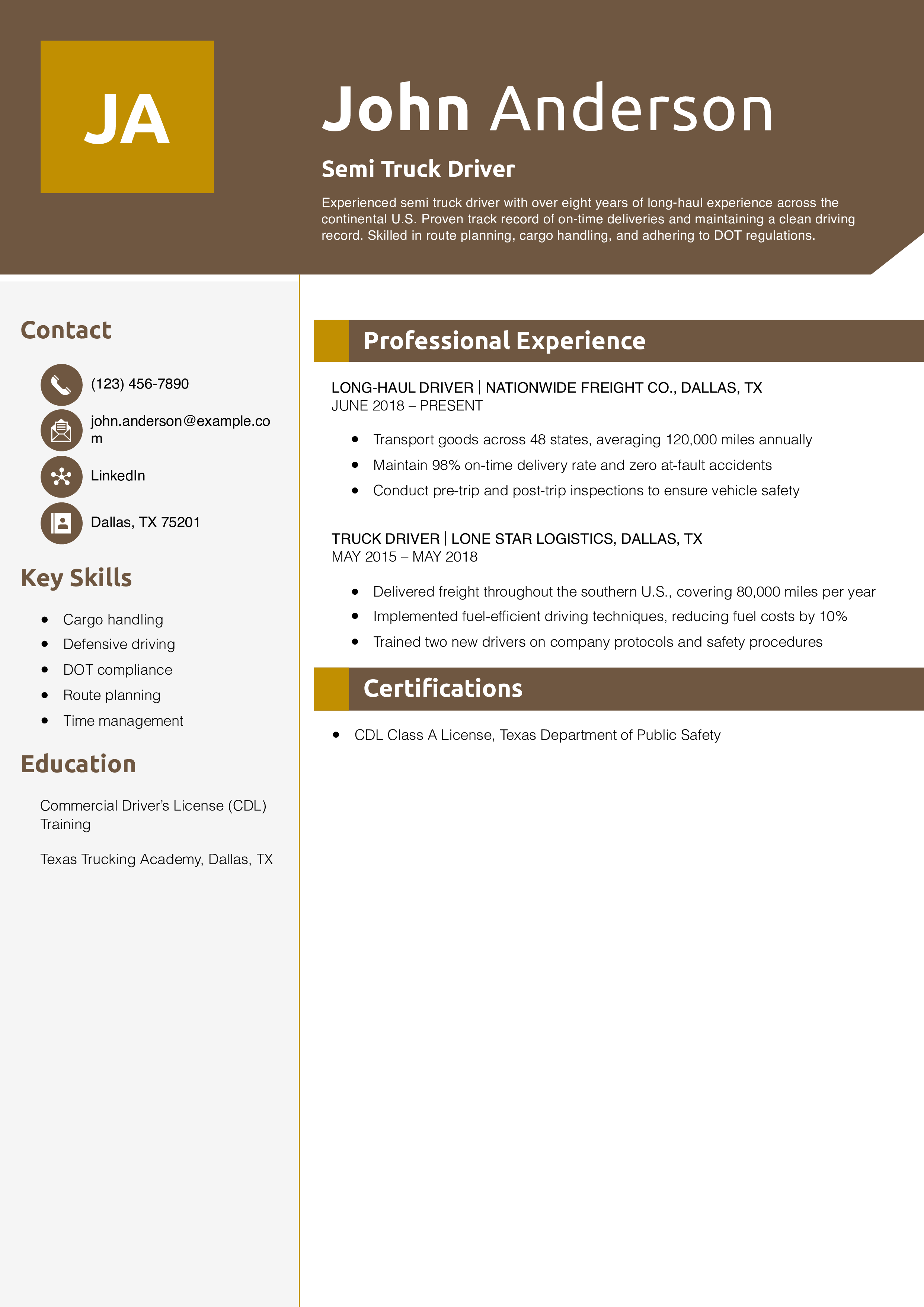 Semi Truck Driver Resume