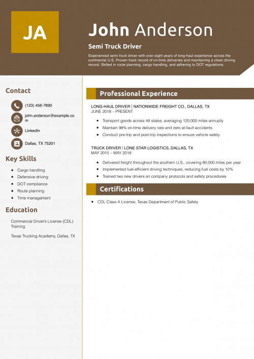 Semi Truck Driver Resume